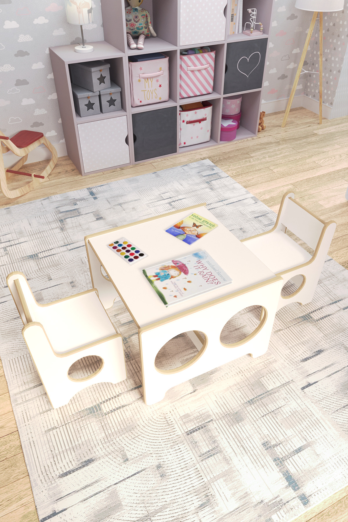 zeo wood design Montessori Çocuk Oyun & Aktivite & Çalışma Masa Ve 2 Sandalye - Beyaz fotoğrafı 2 (önizleme)
