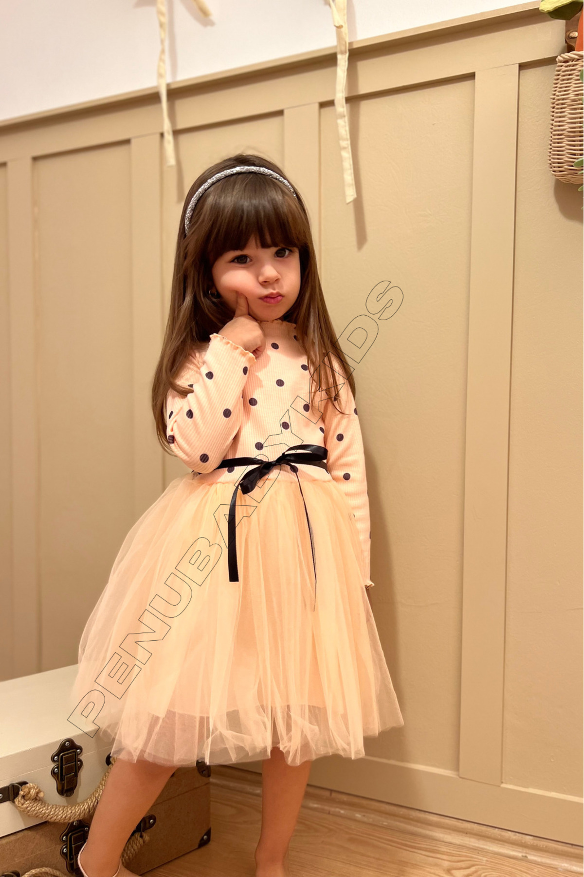 Baby Girls' Long Sleeve Tutu Dress with Salmon Polka Dot - Emily