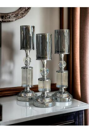 ArzzHome Dekoratif 3 Lü Kristal Şamdan & Mumluk Gümüş