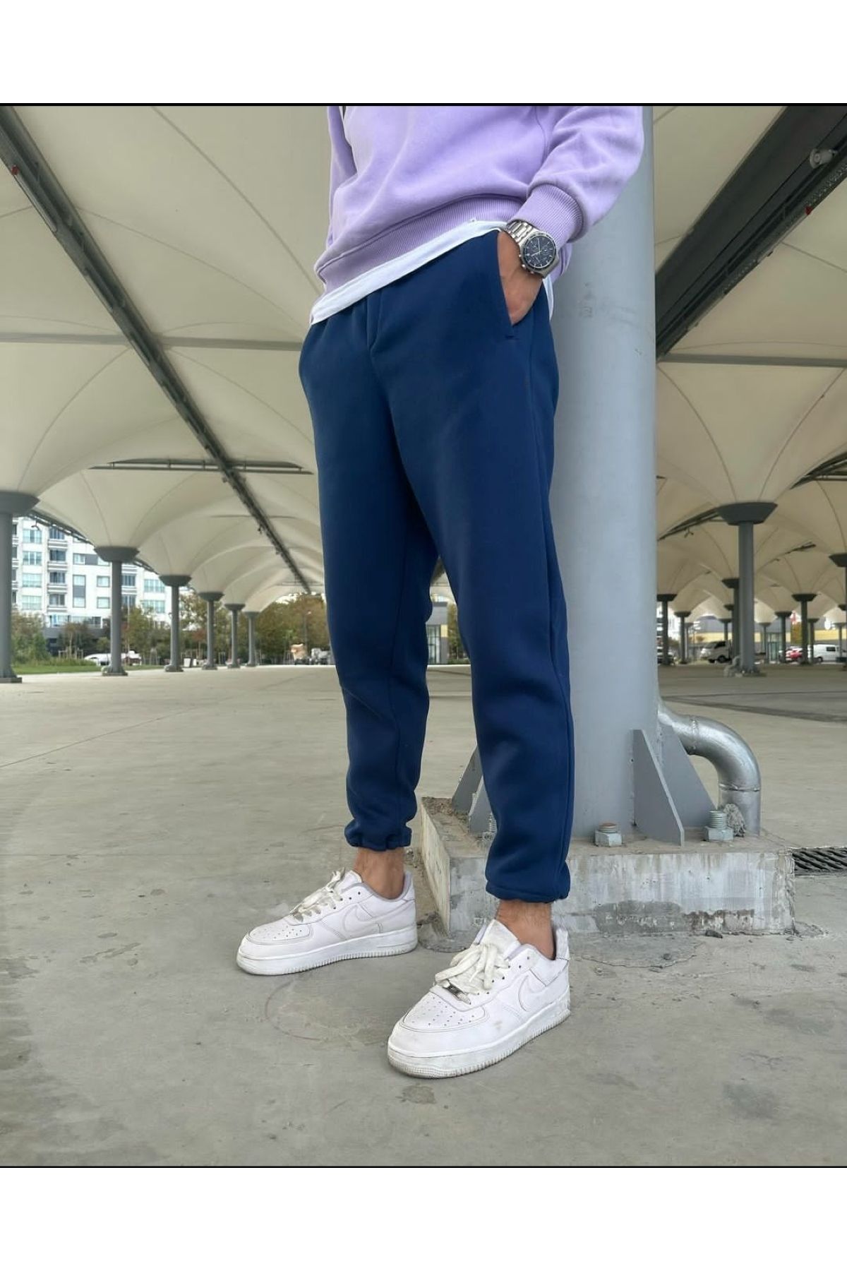 THE WHITE Men s Navy Blue 3 Thread Sweatpants Trendyol