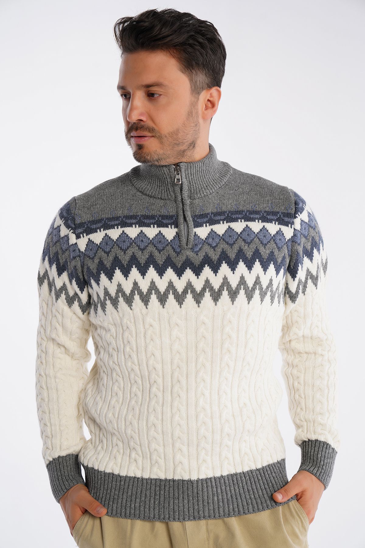 Trist Star-Men's Bone Stand Collar Zippered Hair Braided Jacquard Patterned Knitwear Wool Sweater Trist-5323 3