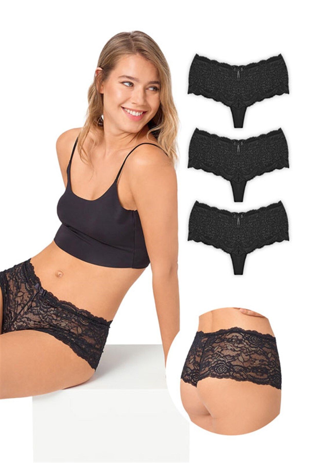 Cottonhill Transparent Lace Women's Thong Shorts Panties 3 Pack - 1 -  Trendyol