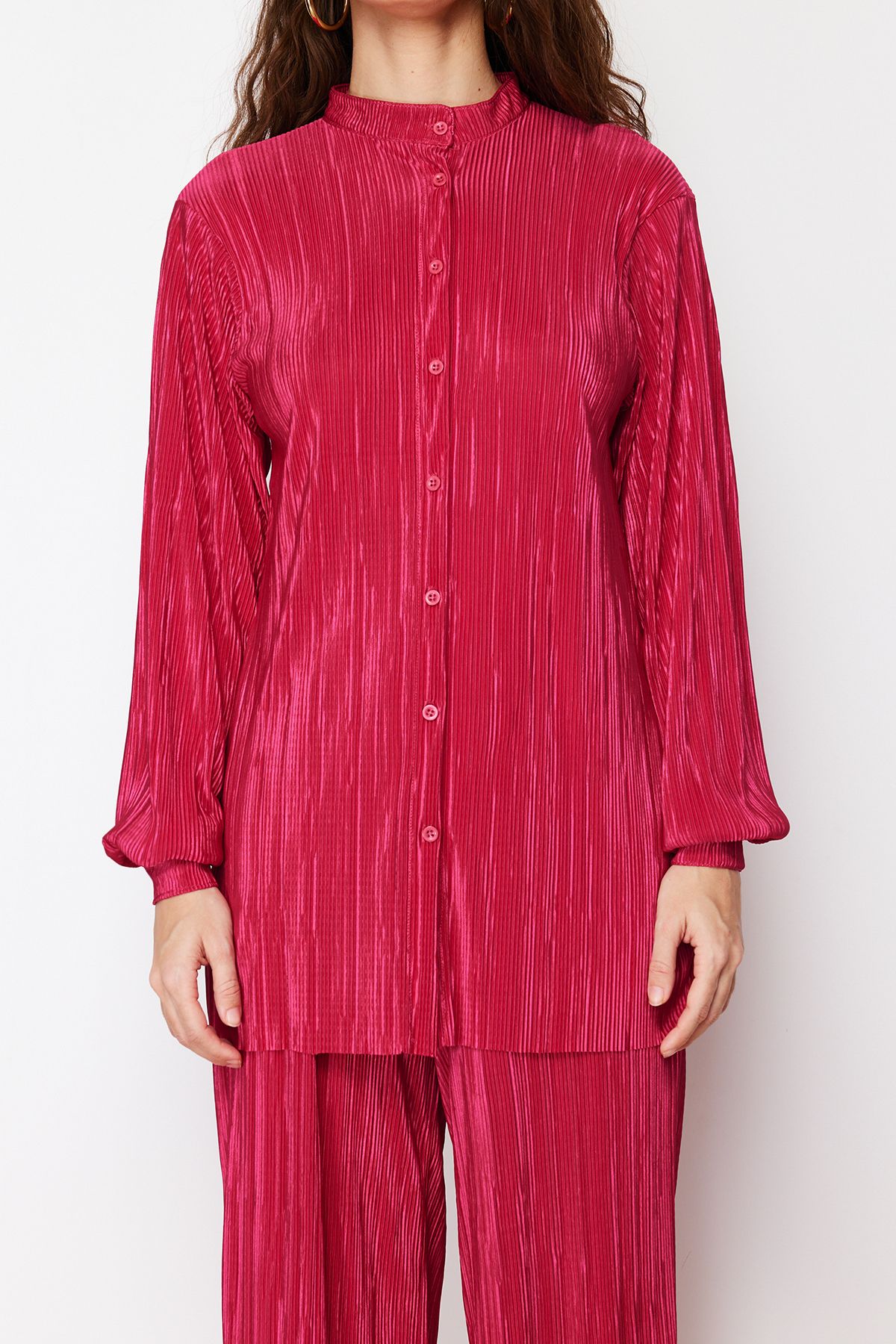 Trendyol Modest-Fuchsia Pleated Knitted Top and Bottom Set TCTSS24US00040 4