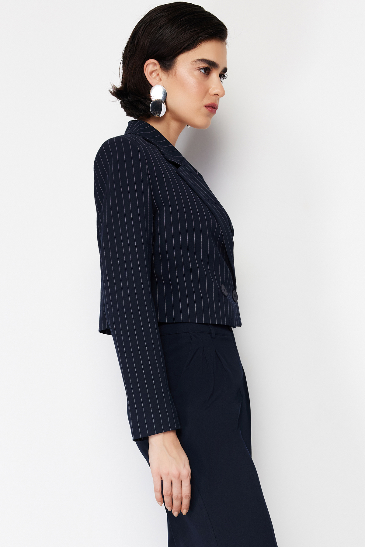 Trendyol Collection-Navy Blue Polyviscon Striped Crop Premium Woven Blazer Jacket TWOSS24BC00009 3
