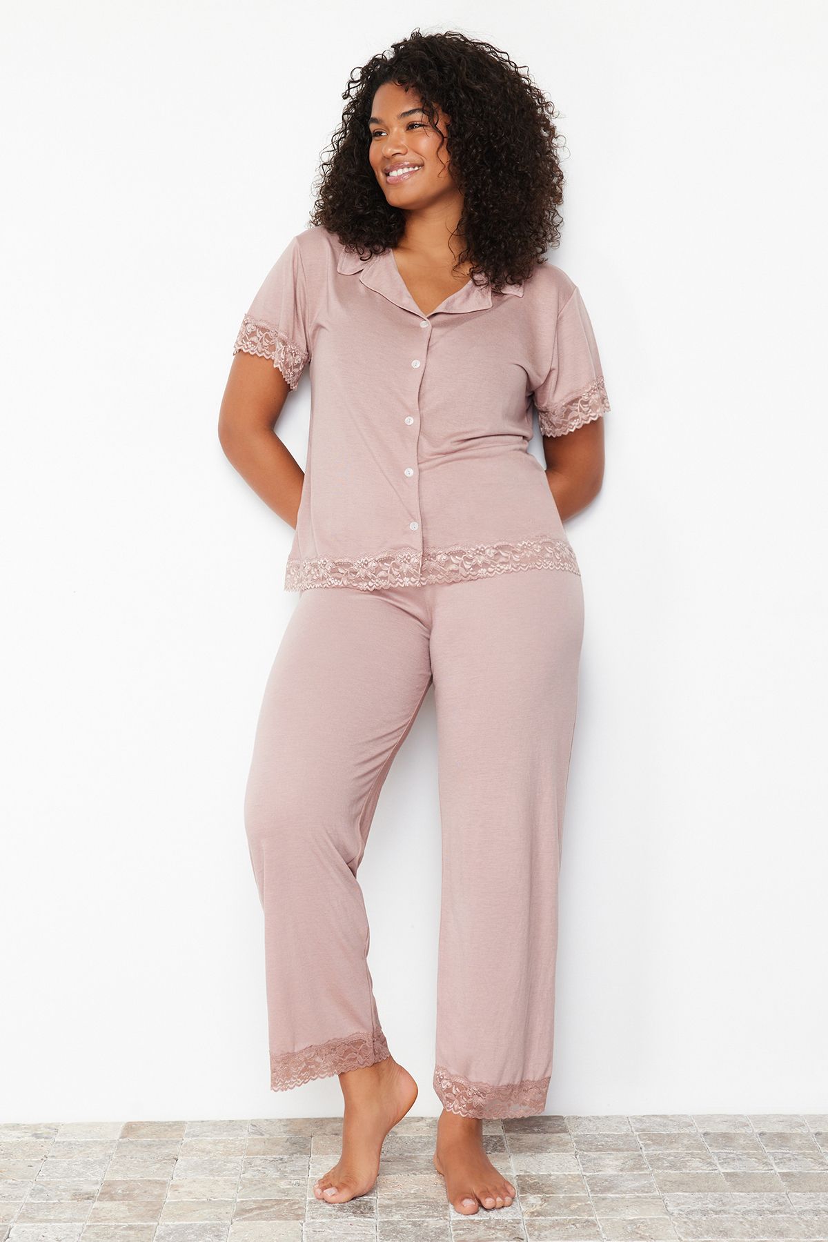 Trendyol Curve Komplet Piżam Z Dzianiny W Kolorze Brudnego Różu Kobieta - 4XL