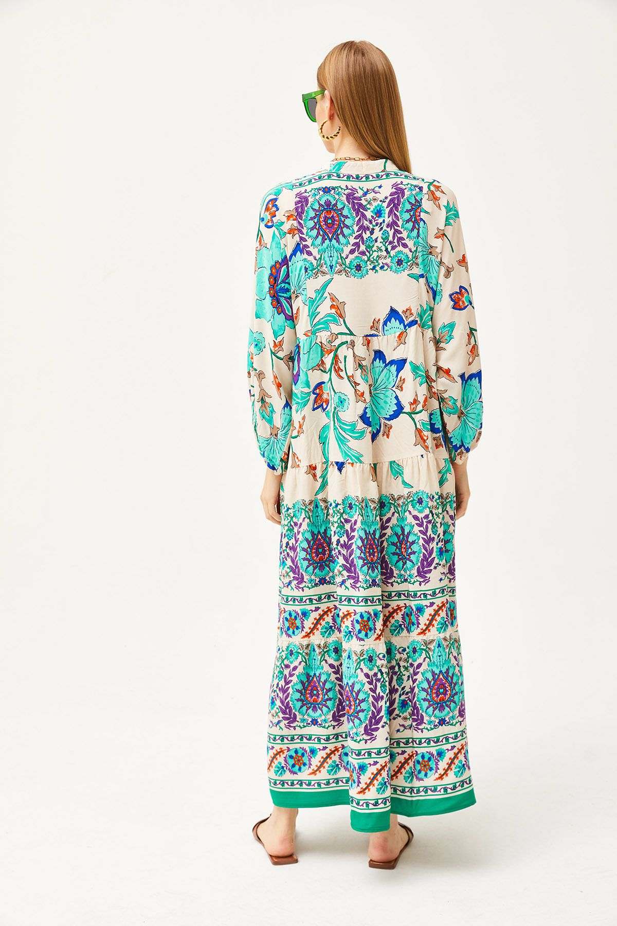 Çimen Yeşili Hakim Yaka Oversize Maxi Dokuma Viskon ElbiseELB-19002046