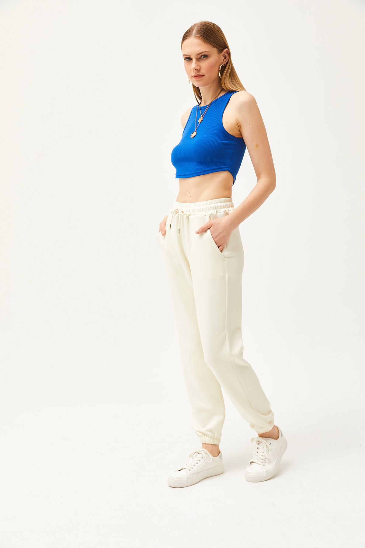 Olalook-Dámské Ecru Pocketed Soft Textured Modal Jogger tepláky EŞF-00000067 4