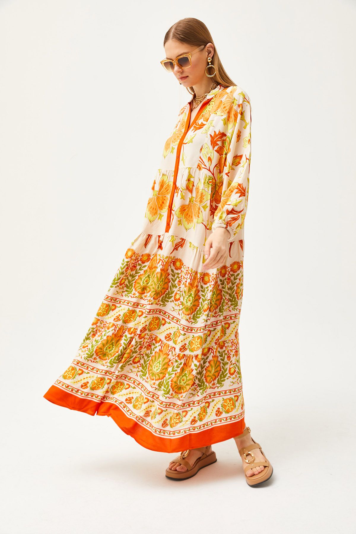 Turuncu Hakim Yaka Oversize Maxi Dokuma Viskon ElbiseELB-19002046