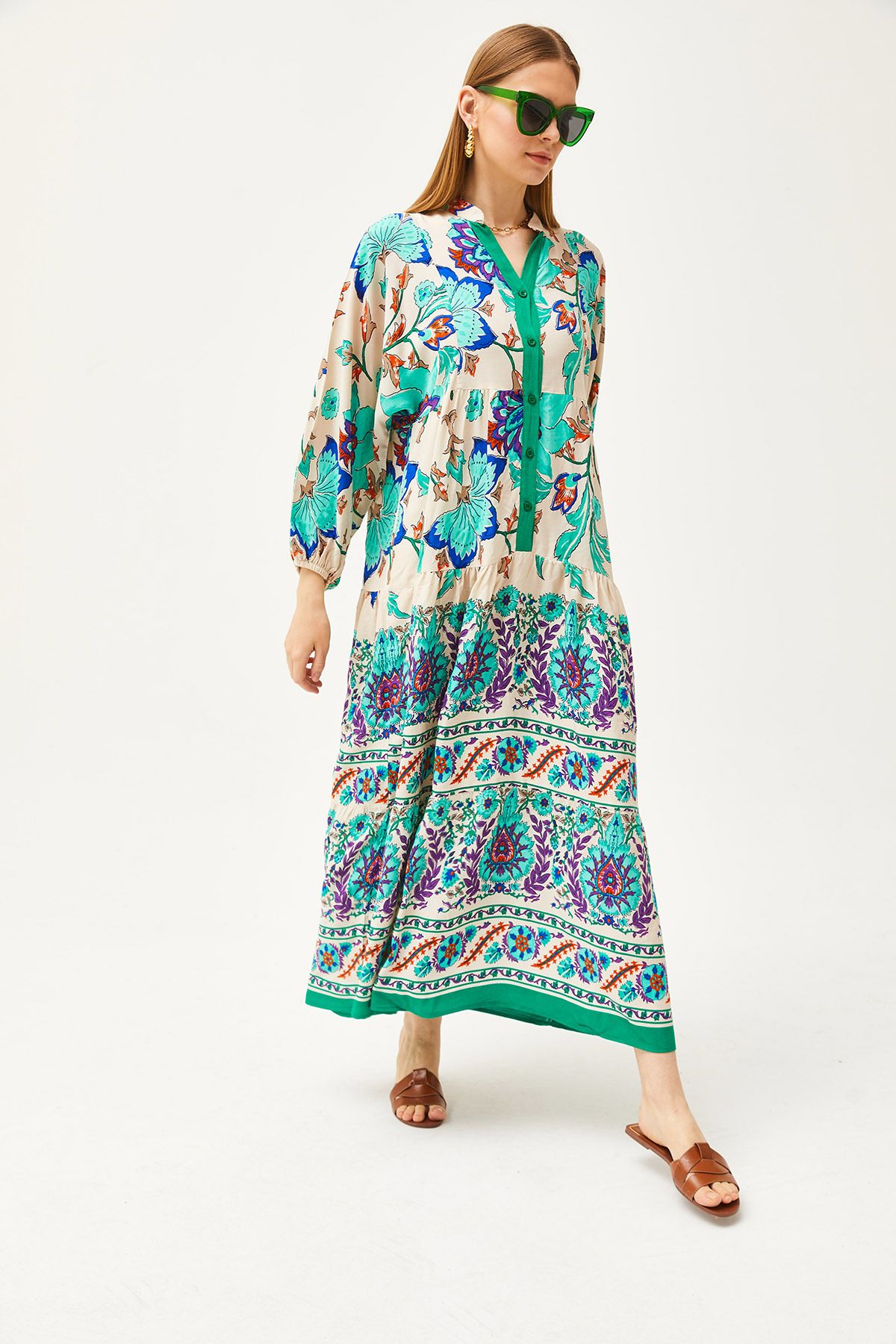 Çimen Yeşili Hakim Yaka Oversize Maxi Dokuma Viskon ElbiseELB-19002046