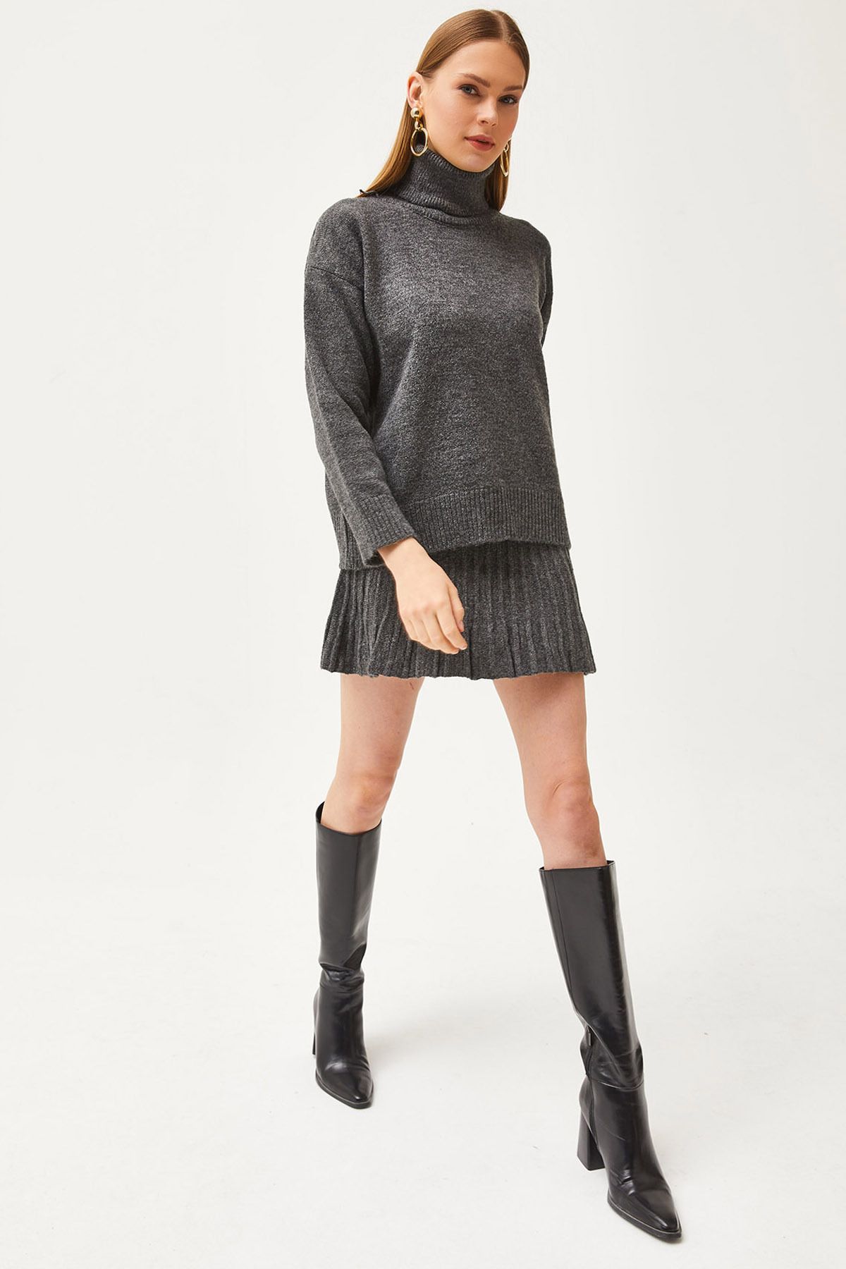 Olalook-Damen Strickwaren-Set mit geräuchertem Oberteil, Pullover, Unterteil, Minirock, TKM-19000260 6