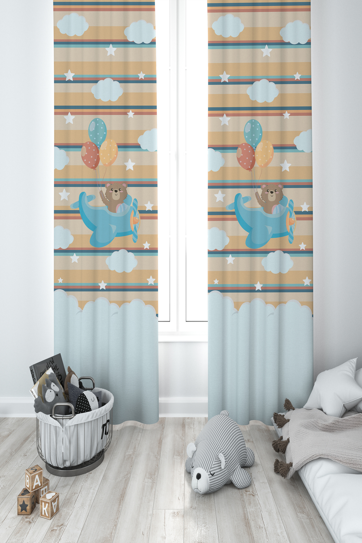 BAMBAŞKA MODA Camera Pentru Bebeși Și Copii Perdele De Fundal Cu 2 Aripi Cu Modele De Avion Și Elefanți - 100 x 270