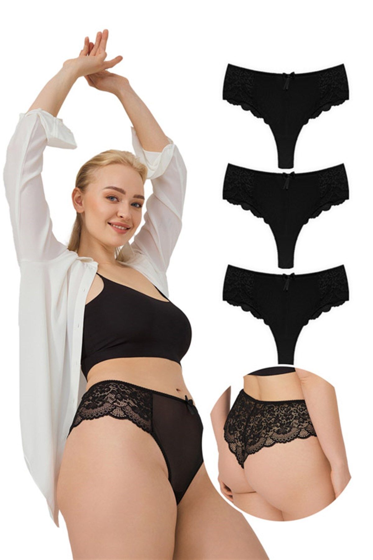 Cottonhill Lace Tulle Detailed Plus Size Brazilian 3 Pack Panties - 3