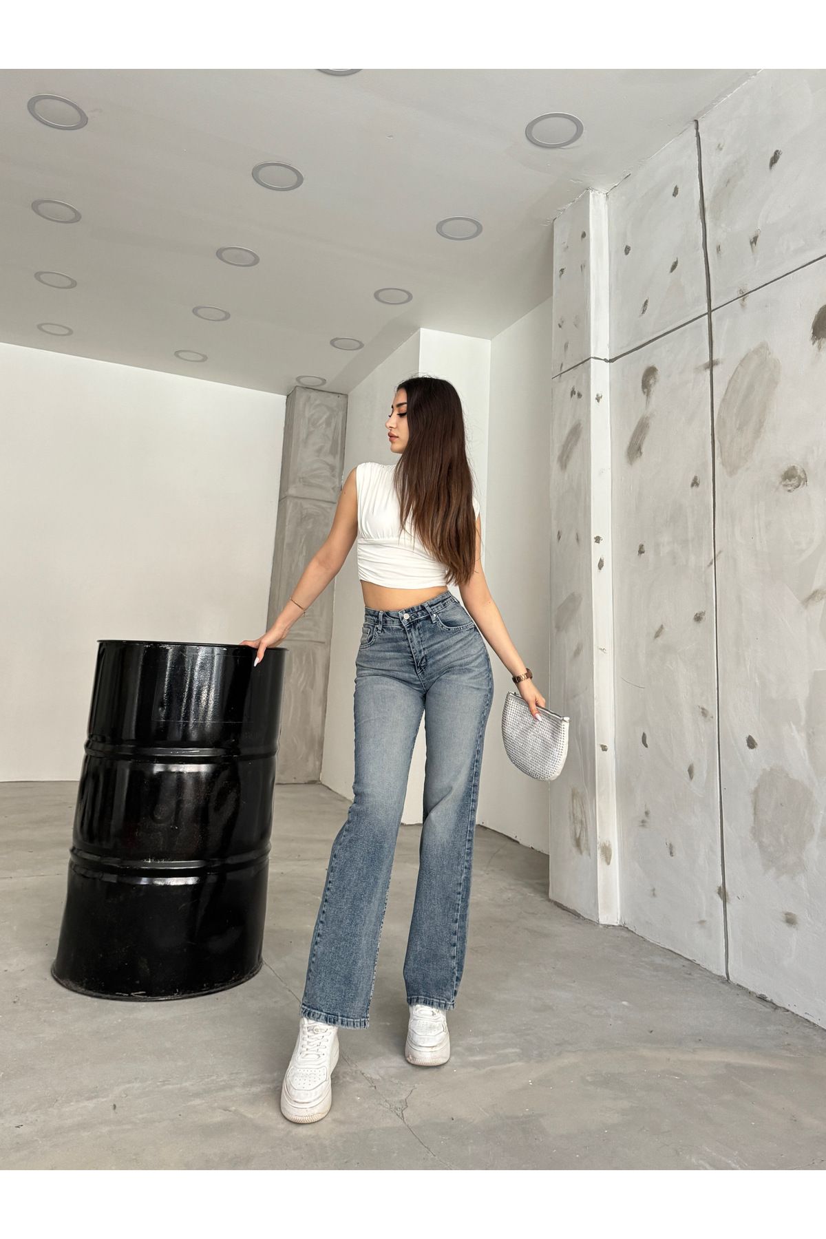 BİKELİFE-Hellblaue, verwaschene Lycra-Jeans mit hoher Taille und weitem Bein für Damen 6