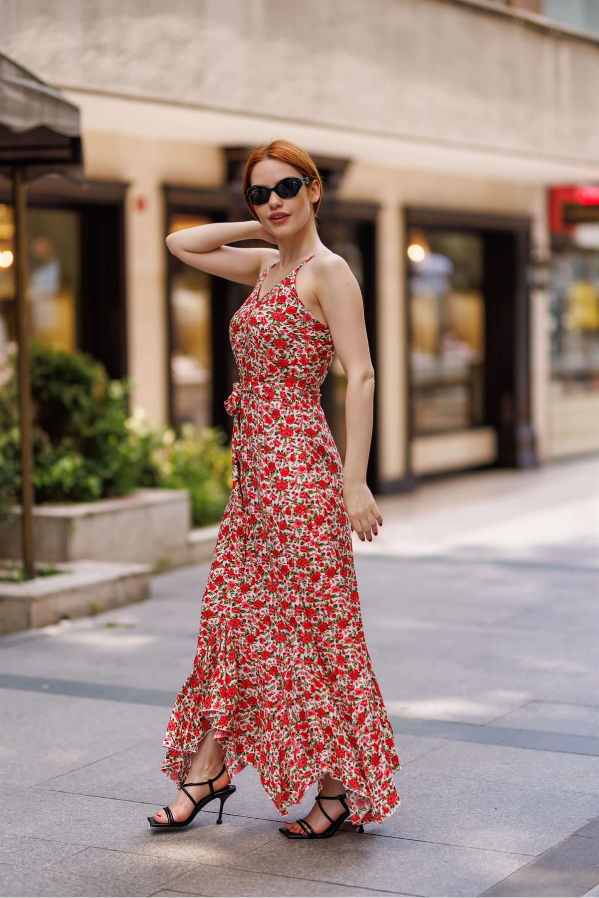 Sue Store-Rochie cu volane cu bretele cu bretele, alb, roșu 4