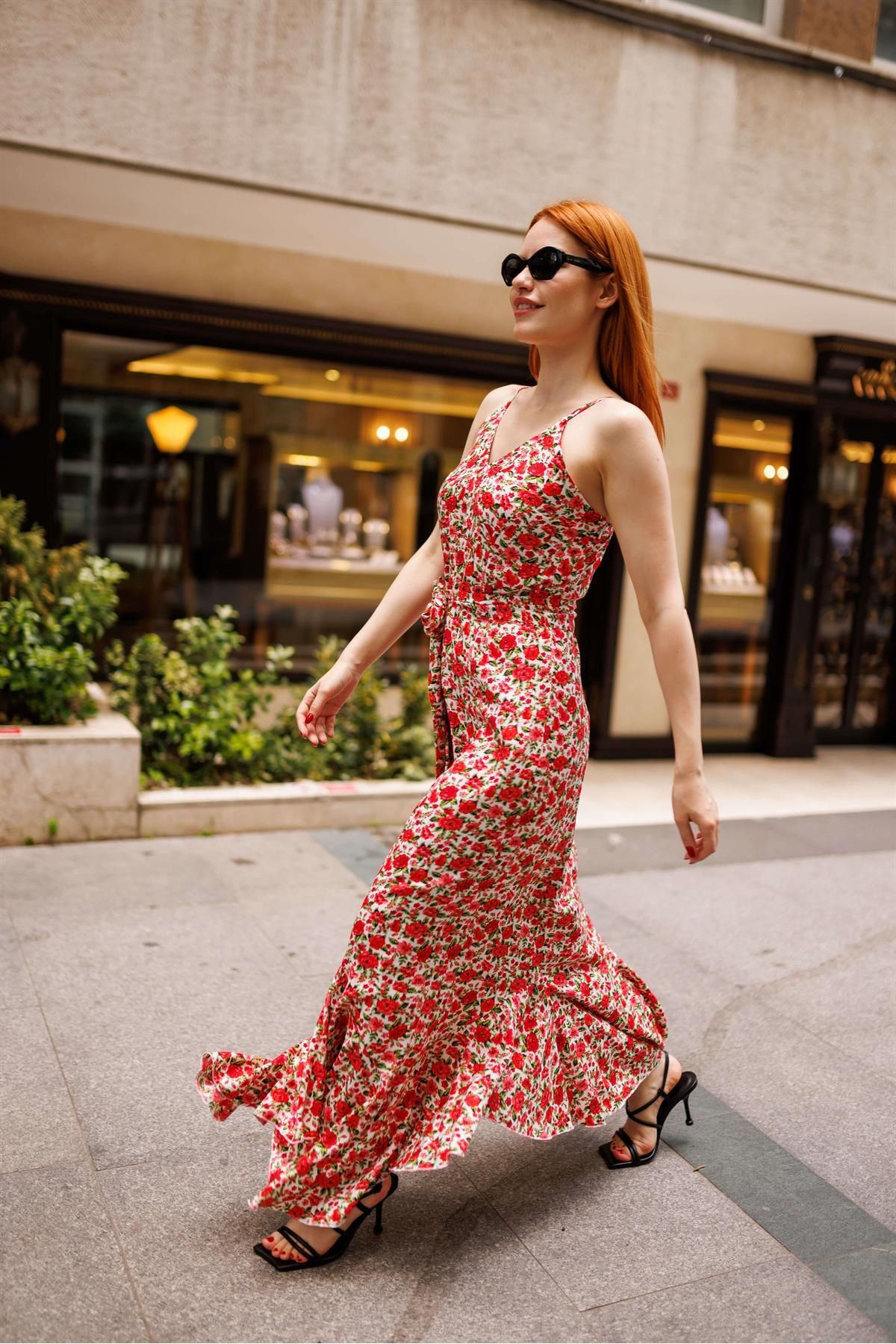 Sue Store-Rochie cu volane cu bretele cu bretele, alb, roșu 3