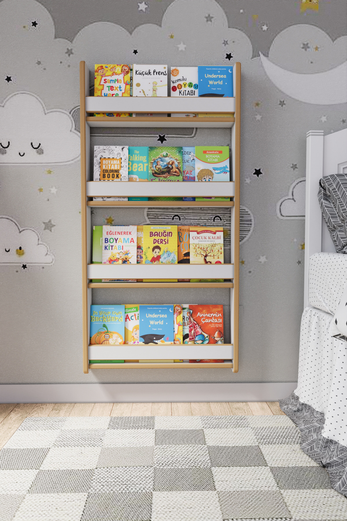 zeo wood design Montessori 4 Raflı Çocuk Kitaplığı 120*60 Cm Beyaz