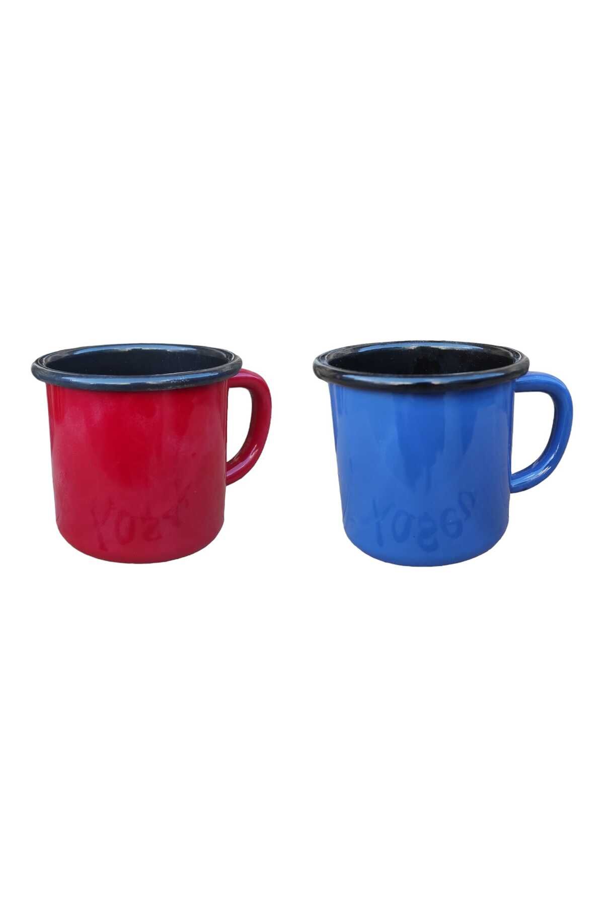 Emaye Kupa 350 ml Emaye Bardak Kampçı Kupası kahve Fincanı Kamp Bardağı 2li kırmızı mavi