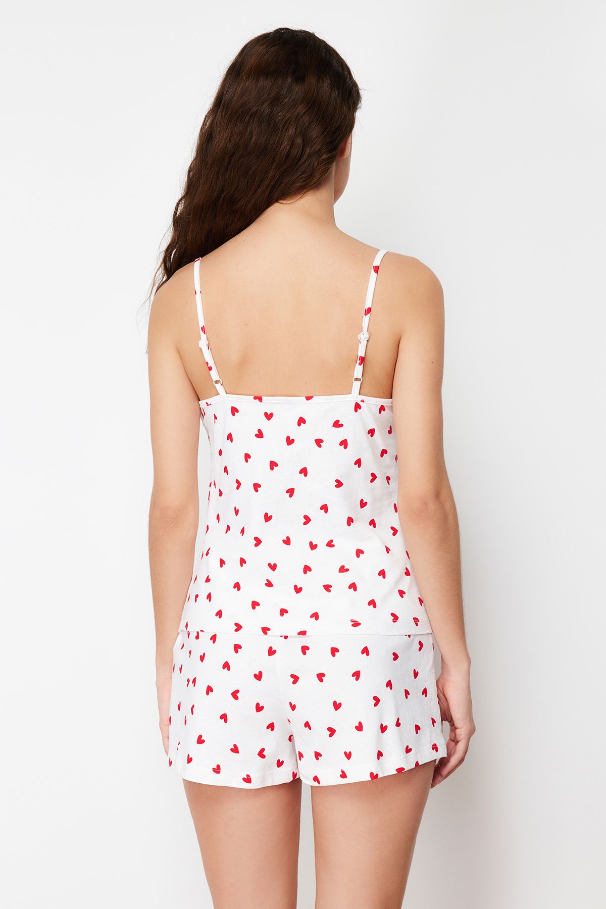 Trendyol Collection-White 100% Cotton Heart Lace String Straps Knitted Pajama Set with Shorts THMSS24PT00106 6