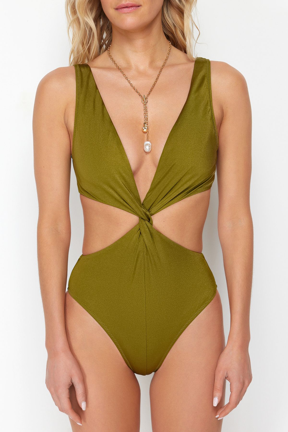 Trendyol Collection-Grüner tief ausgeschnittener, geknoteter normaler Mayokini TBESS24MY00001 4