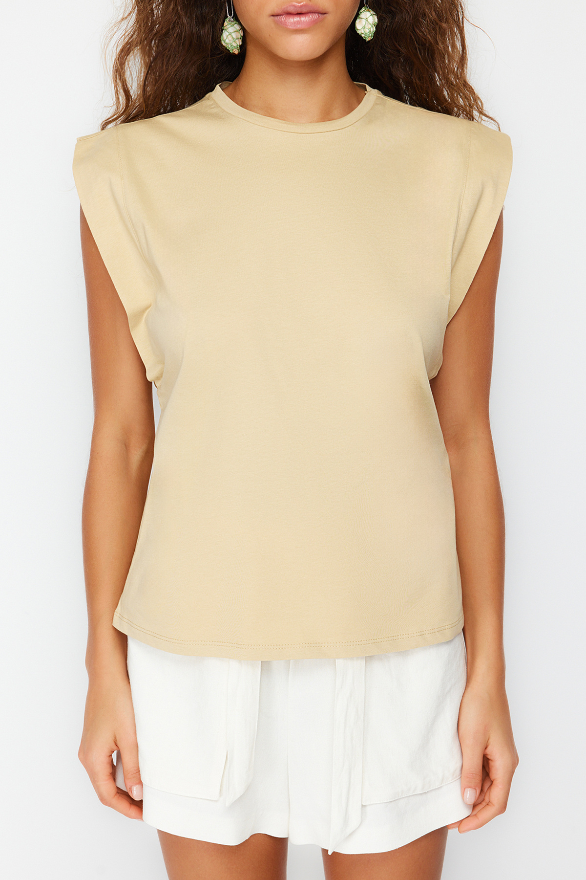  Trendyolmilla Koyu Bej %100 Pamuk Vatka G?rünümlü Basic Bisiklet Yaka ?rme T-Shirt