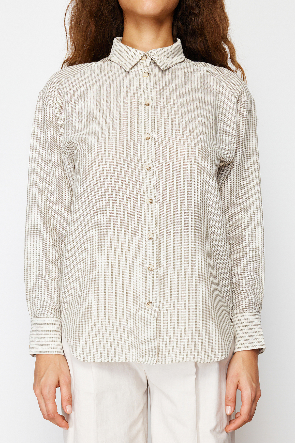 Trendyolmilla  Yeşil Çizgili Oversize Keten Görünümlü Dokuma Gömlek TWOSS24GO00050 - Görsel 5