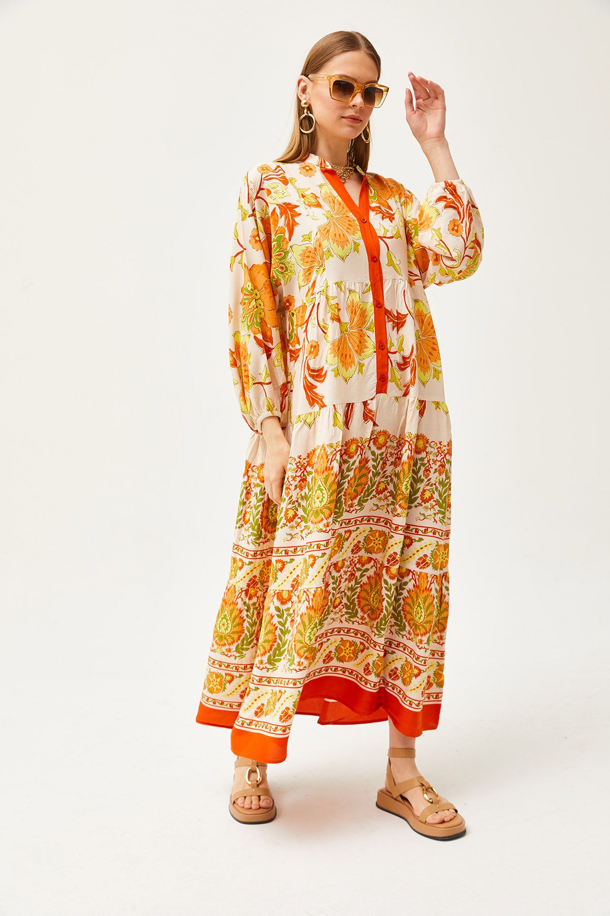 Turuncu Hakim Yaka Oversize Maxi Dokuma Viskon ElbiseELB-19002046