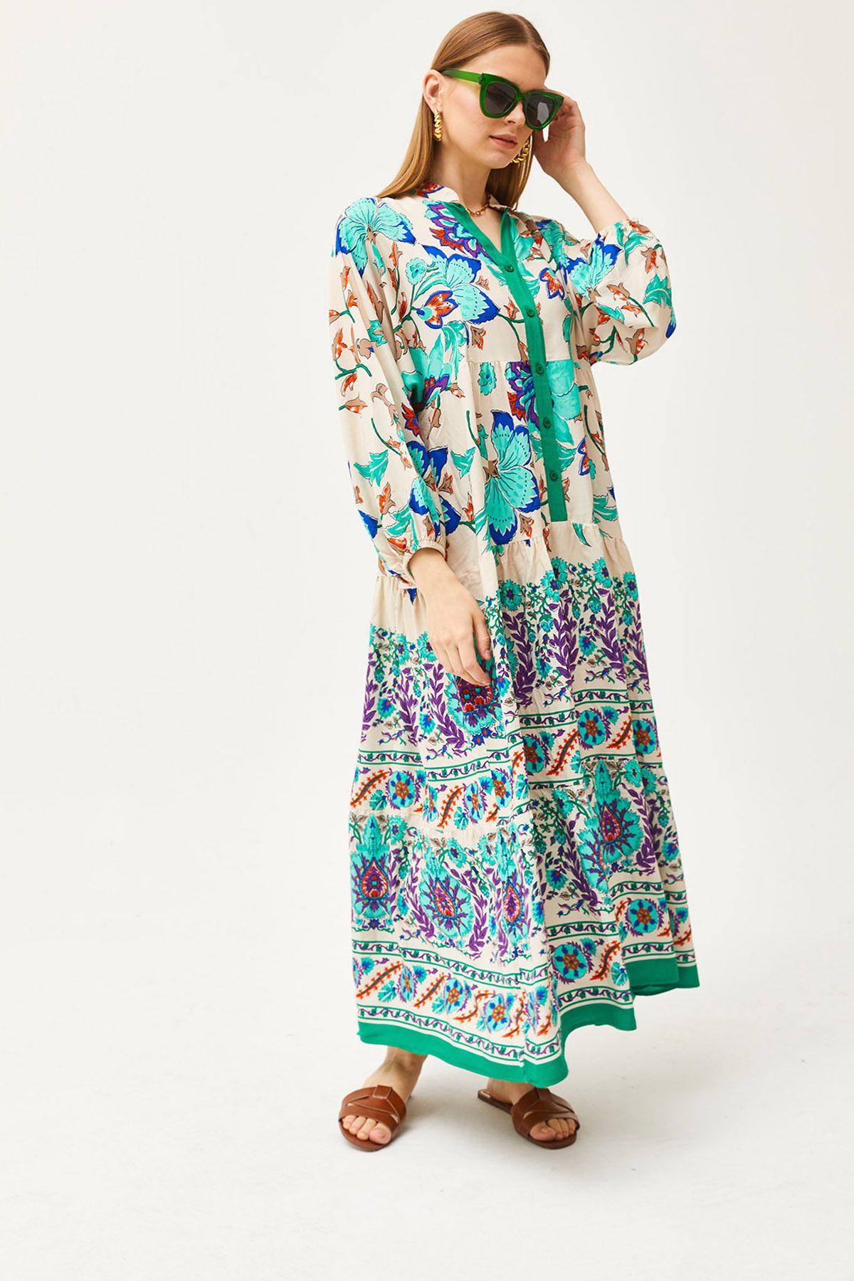 Çimen Yeşili Hakim Yaka Oversize Maxi Dokuma Viskon ElbiseELB-19002046