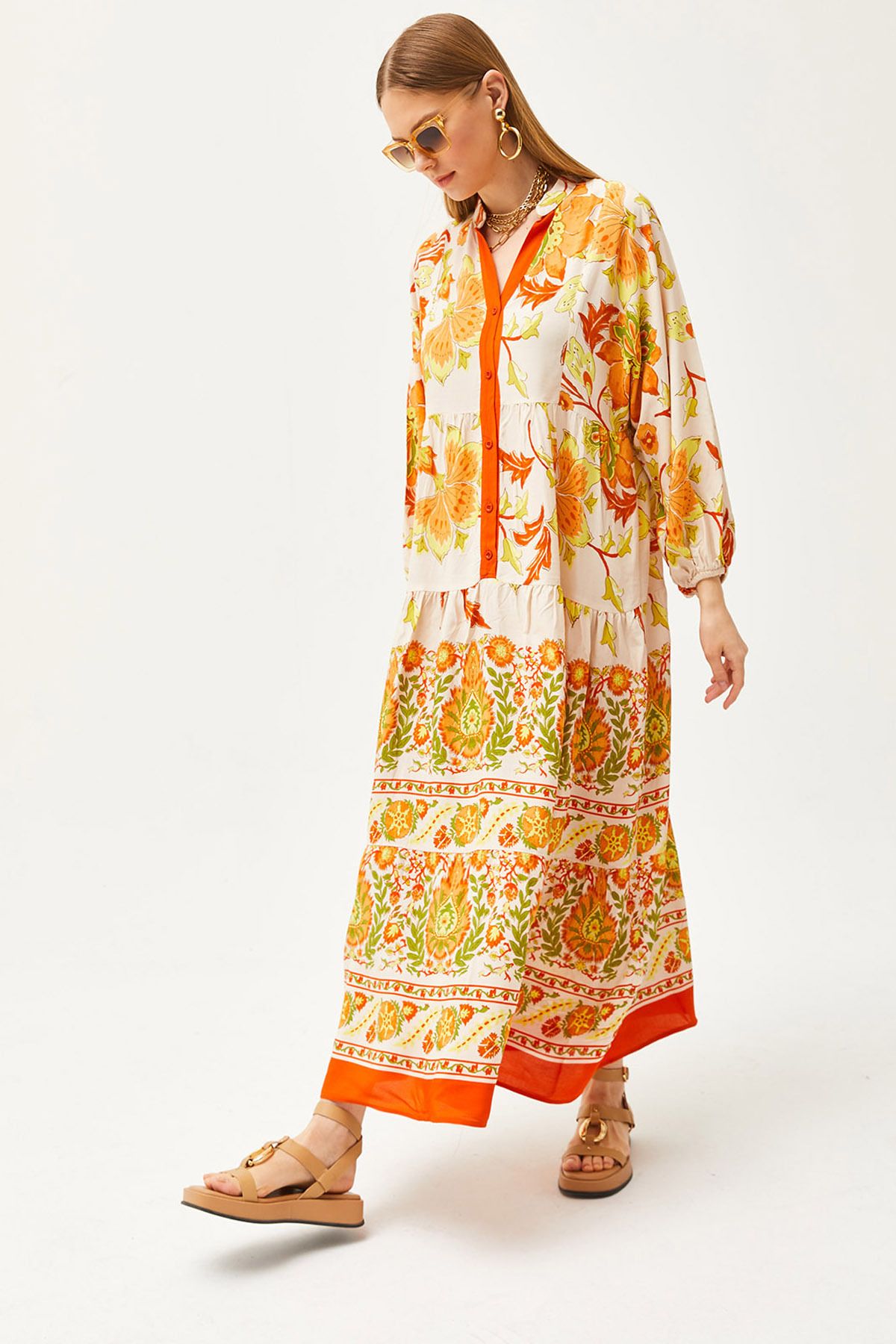Turuncu Hakim Yaka Oversize Maxi Dokuma Viskon ElbiseELB-19002046