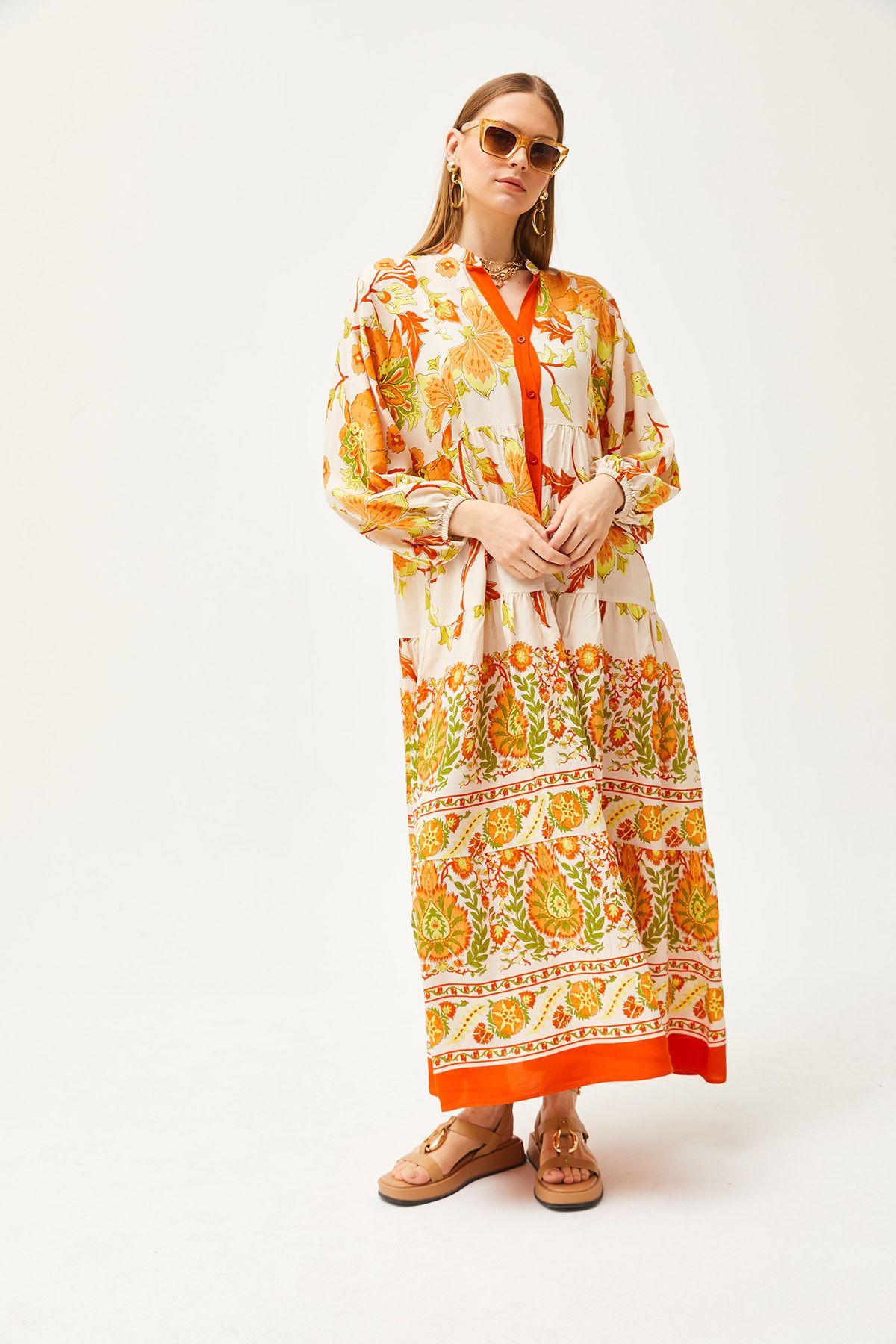 Turuncu Hakim Yaka Oversize Maxi Dokuma Viskon ElbiseELB-19002046