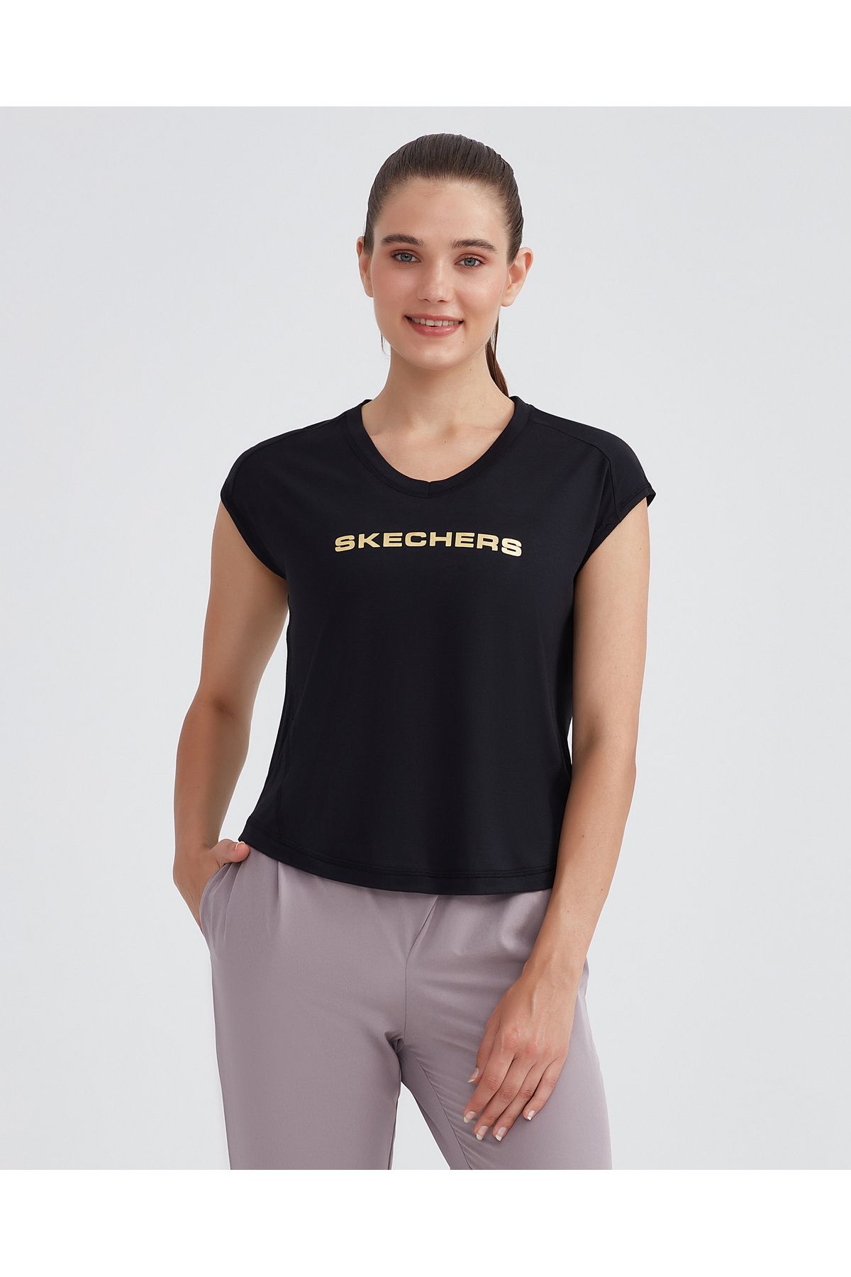 Skechers t shirt womens black best sale