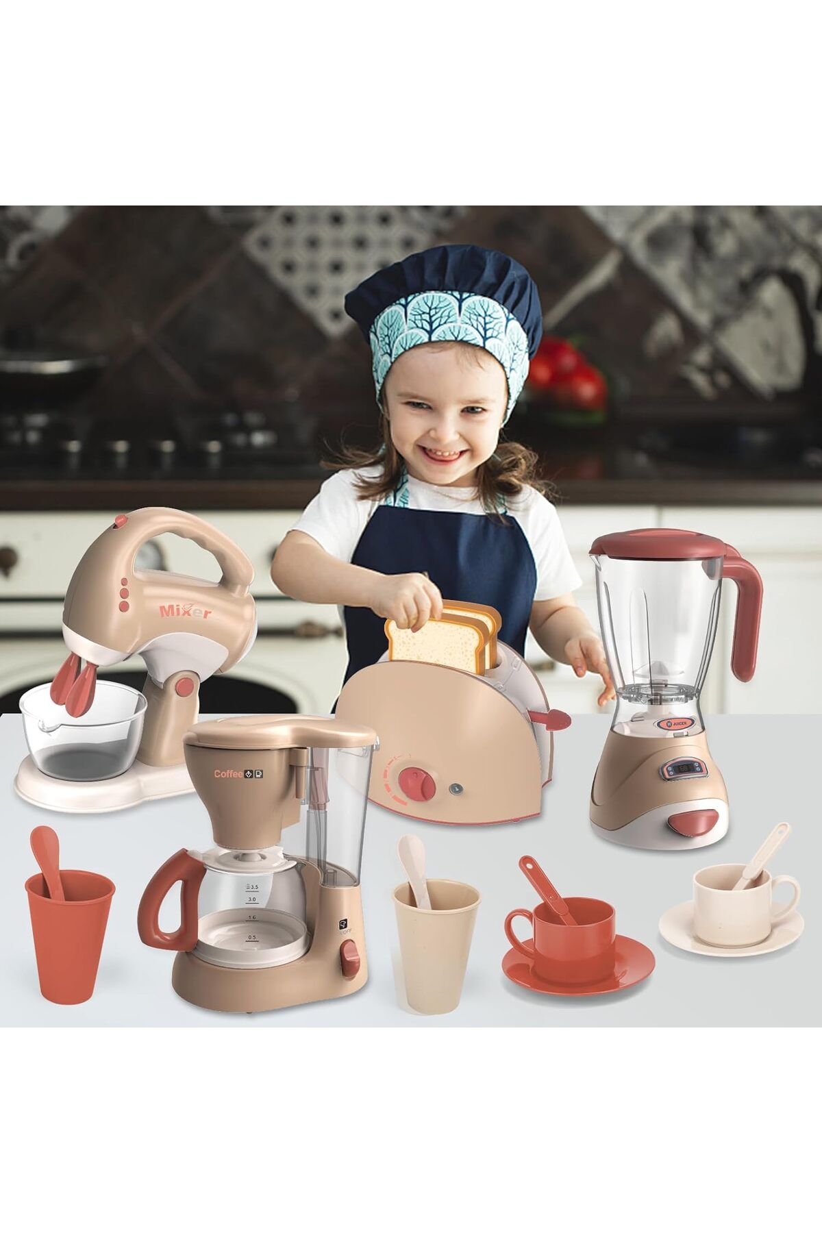Veluoess-Children's Toy Kitchen Set Coffee Maker, Blender, Mixer, Toaster and Attachments 2
