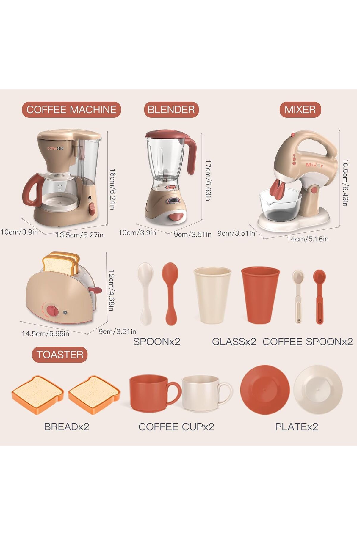 Veluoess-Children's Toy Kitchen Set Coffee Maker, Blender, Mixer, Toaster and Attachments 7