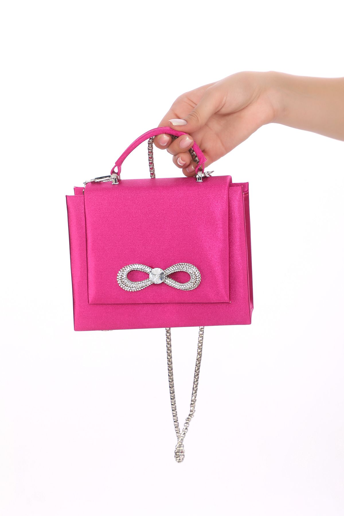 Piedra-Fuchsia Color Satin Fabric Stoned Evening Bag with Magnetic Cover and Strap Width: 17.5 cm Length: 14 cm 5