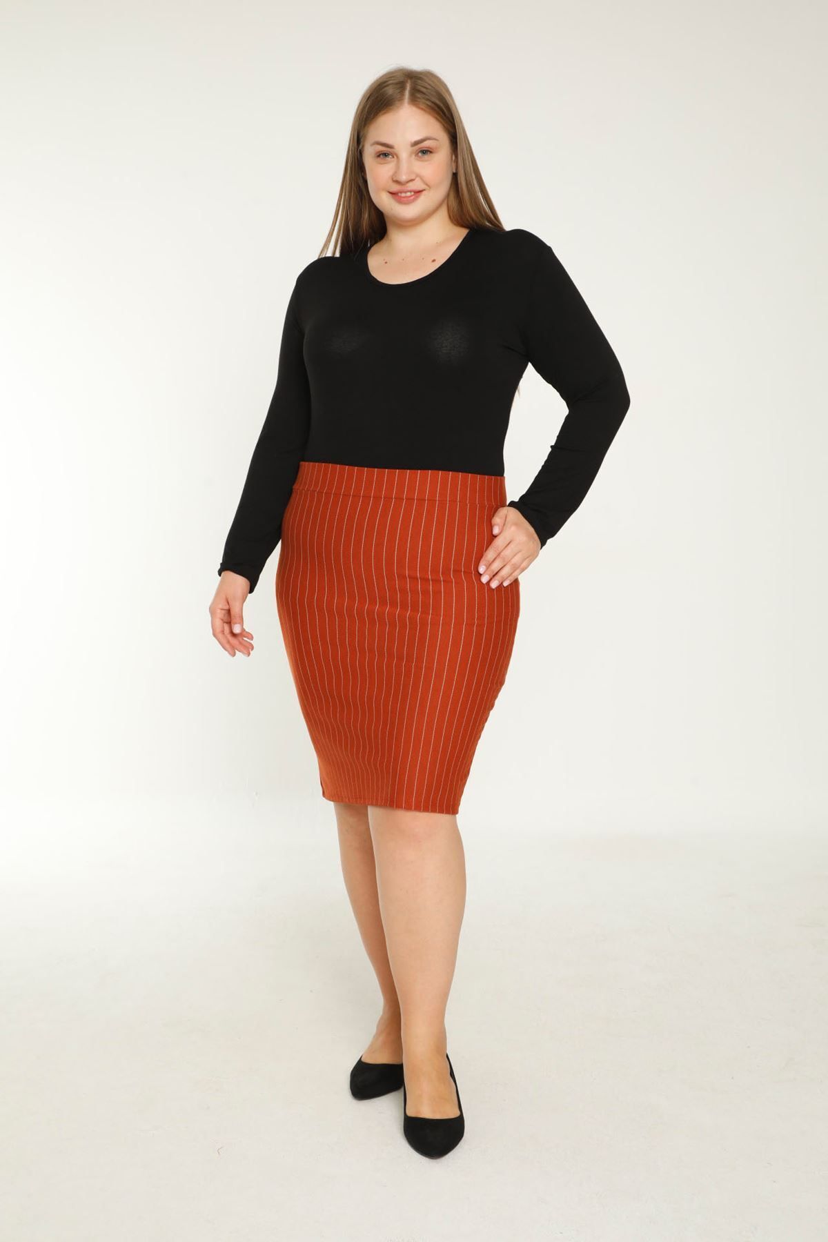 modayız-Ριγέ ελαστική φούστα Plus Size 2e-1904 2