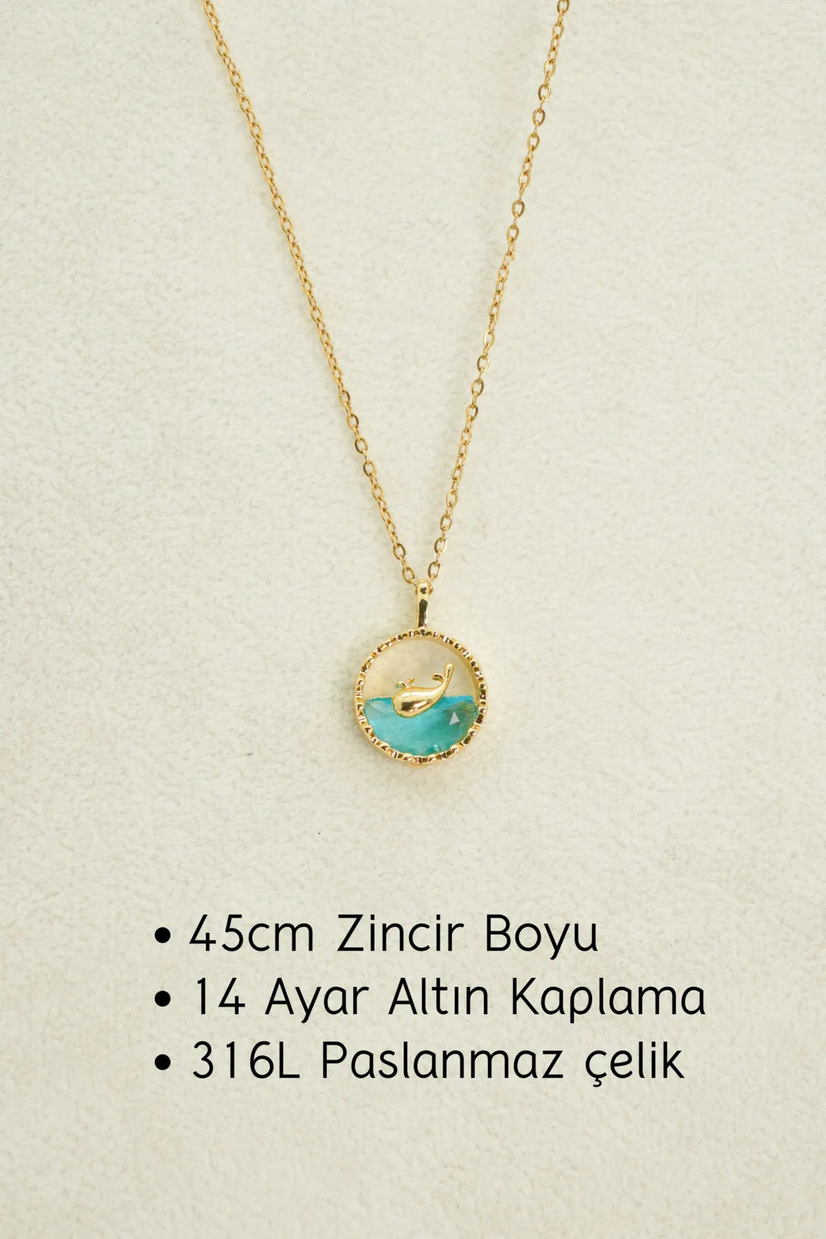 The Collection Kararmaz Balina Çelik Kolye Mavi Suda Yüzen Balık Model Gold Renk Çelik Kolye görsel 5