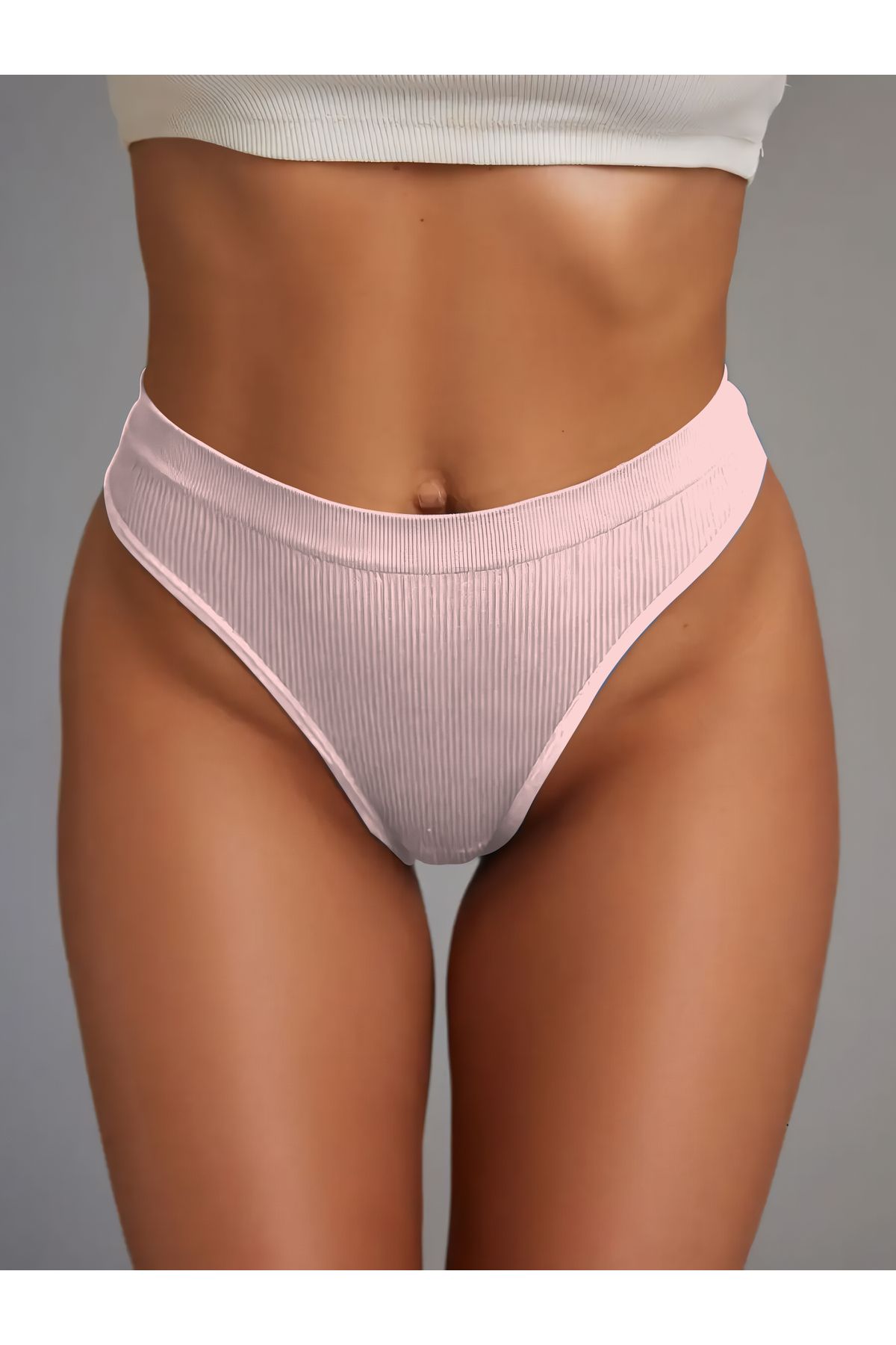 MİSTİRİK-Paulo Model Flexible and Soft Fabric Ribbed String Sports Panties Light Pink Color 3