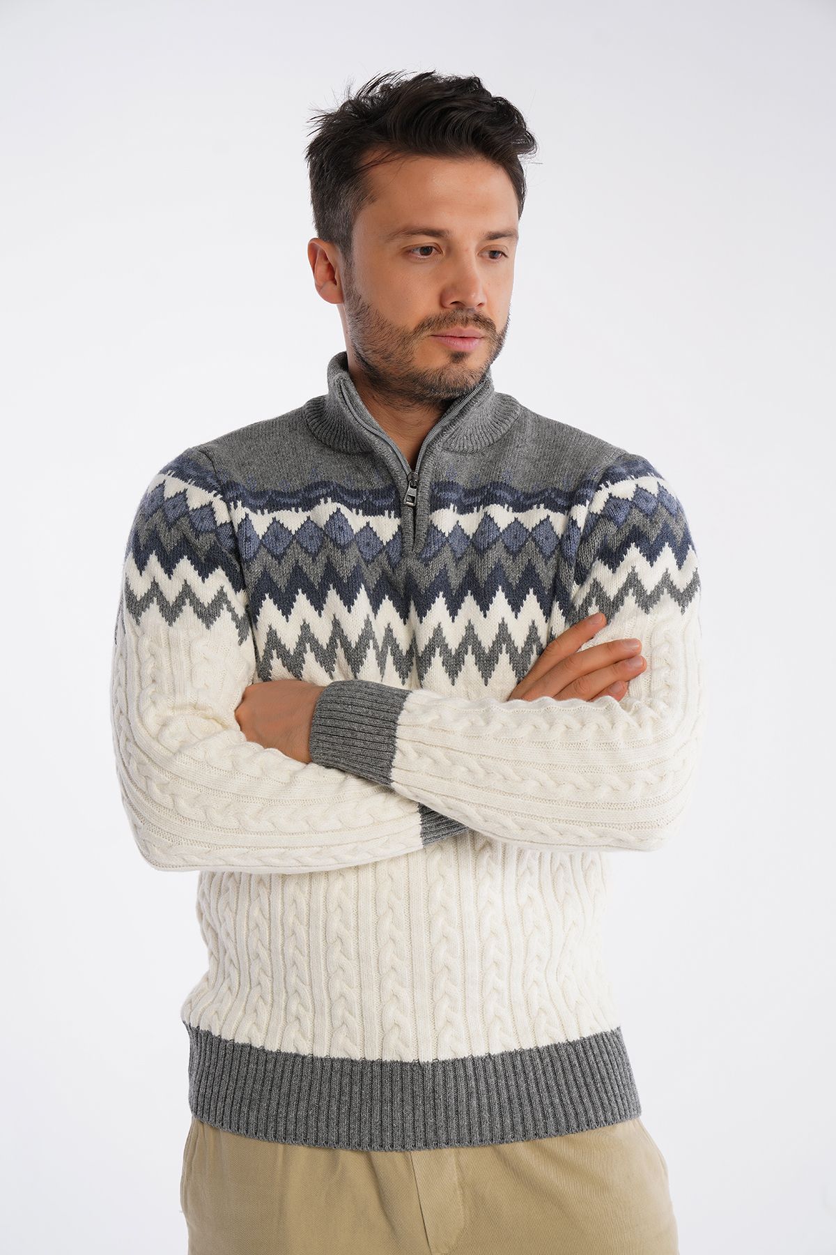 Trist Star-Men's Bone Stand Collar Zippered Hair Braided Jacquard Patterned Knitwear Wool Sweater Trist-5323 4