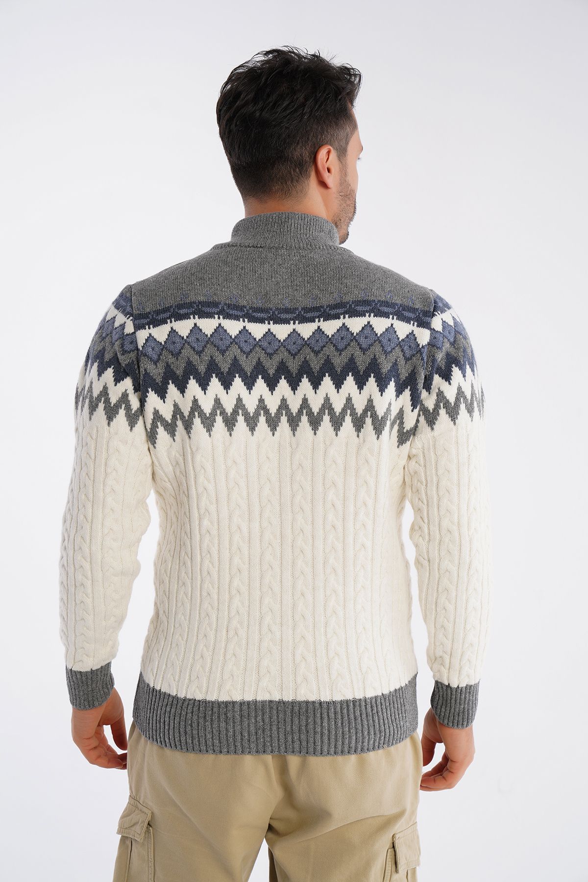 Trist Star-Men's Bone Stand Collar Zippered Hair Braided Jacquard Patterned Knitwear Wool Sweater Trist-5323 6