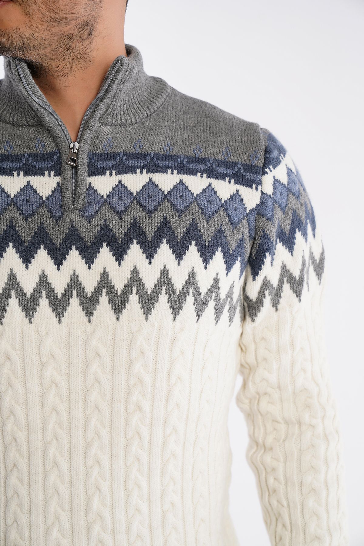 Trist Star-Men's Bone Stand Collar Zippered Hair Braided Jacquard Patterned Knitwear Wool Sweater Trist-5323 7