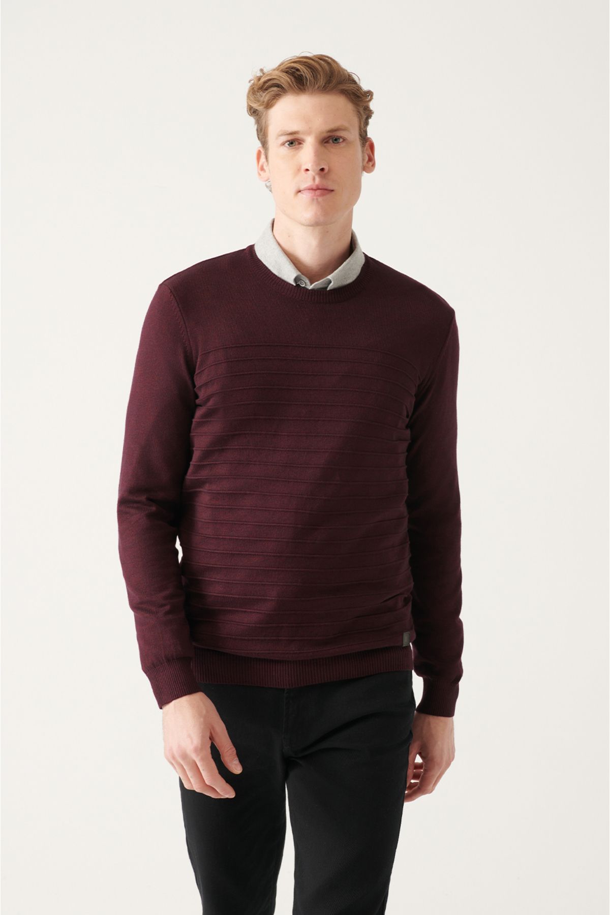 Avva Men s Burgundy Crew Neck Knitted Detailed Cotton Standard Fit