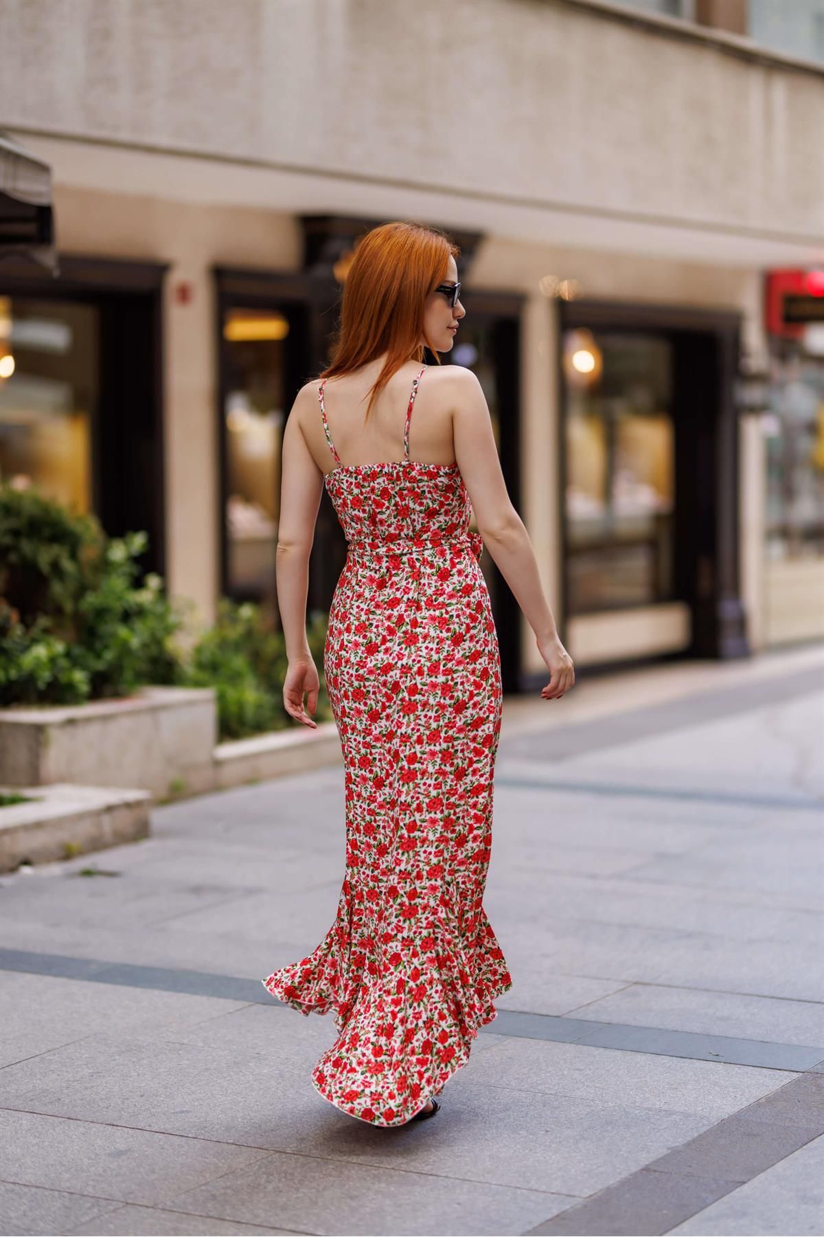 Sue Store-Rochie cu volane cu bretele cu bretele, alb, roșu 5