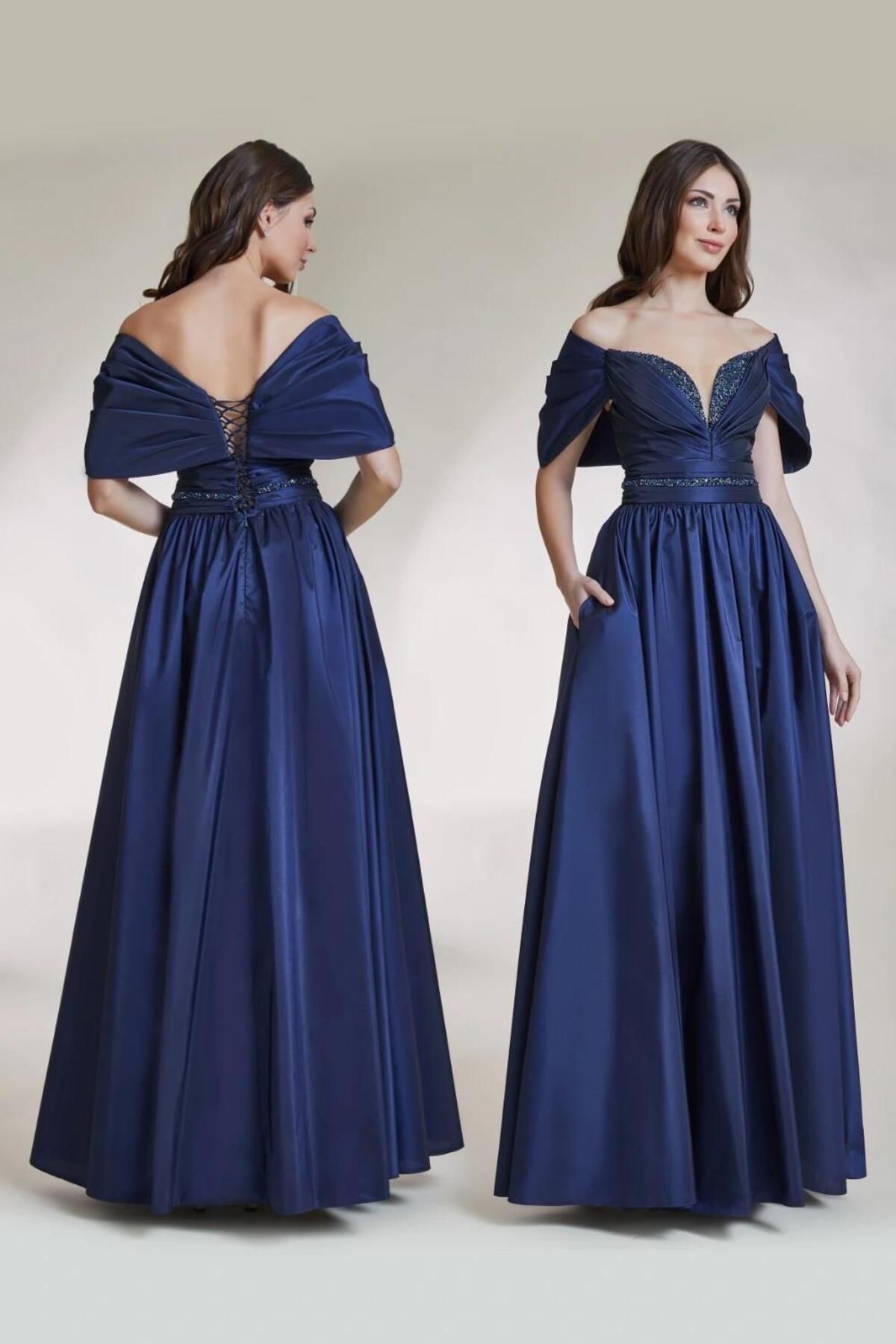 Dark blue off sale the shoulder prom dress