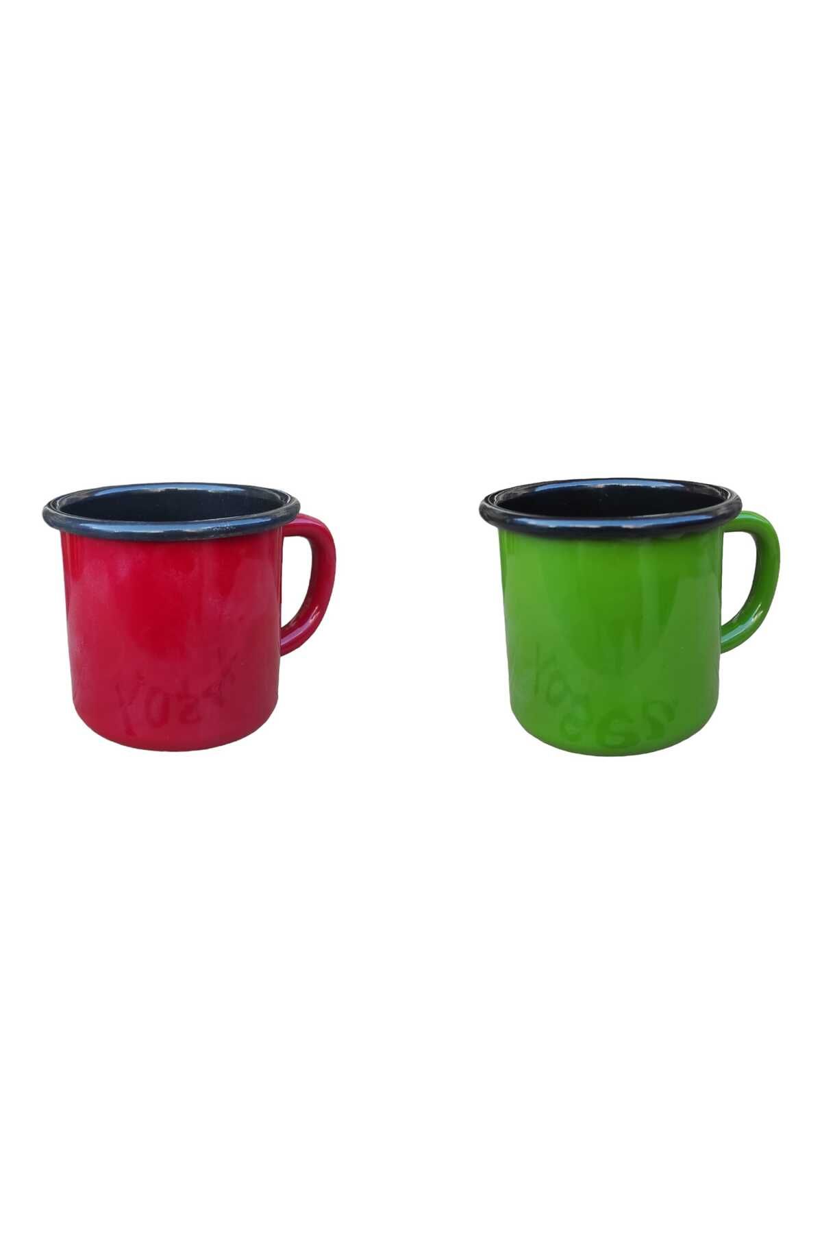 Emaye Kupa 350 ml Emaye Bardak Kampçı Kupası kahve Fincanı Kamp Bardağı 2Lİ KIRMIZI YEŞİL