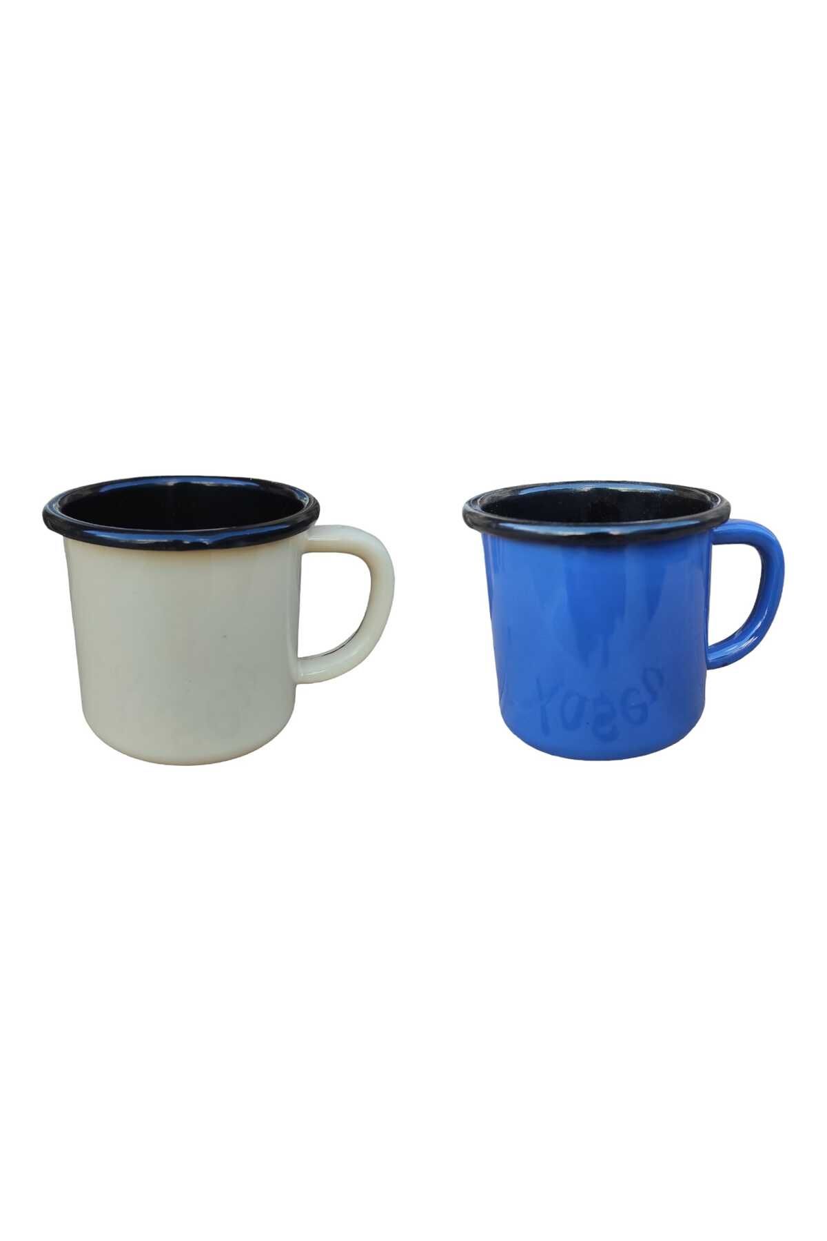 Emaye Kupa 350 ml Emaye Bardak Kampçı Kupası kahve Fincanı Kamp Bardağı 2Lİ MAVİ BEYAZ
