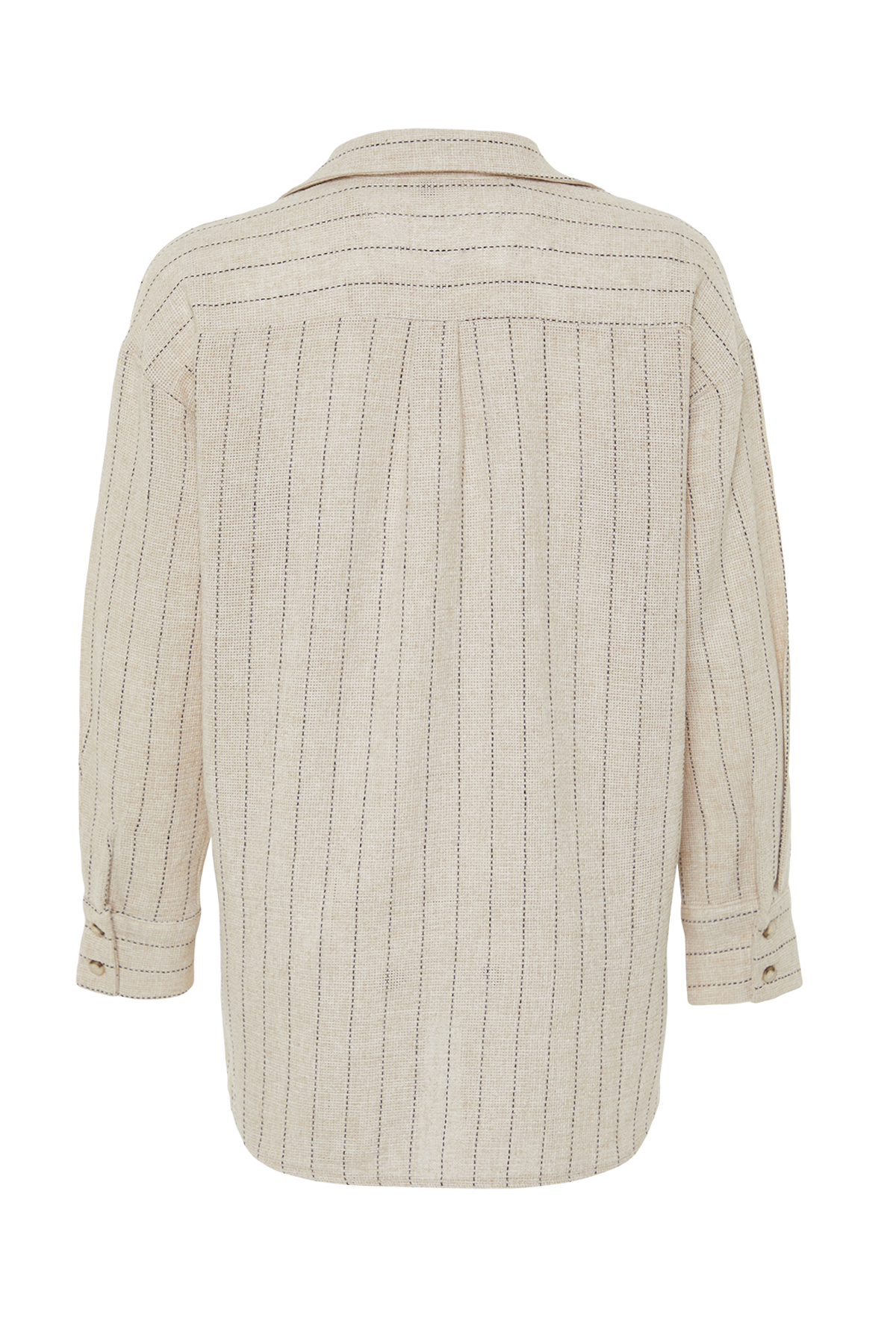 Trendyolmilla  Bej Çizgili Oversize Keten Görünümlü Dokuma Gömlek TWOSS24GO00047 - Görsel 9