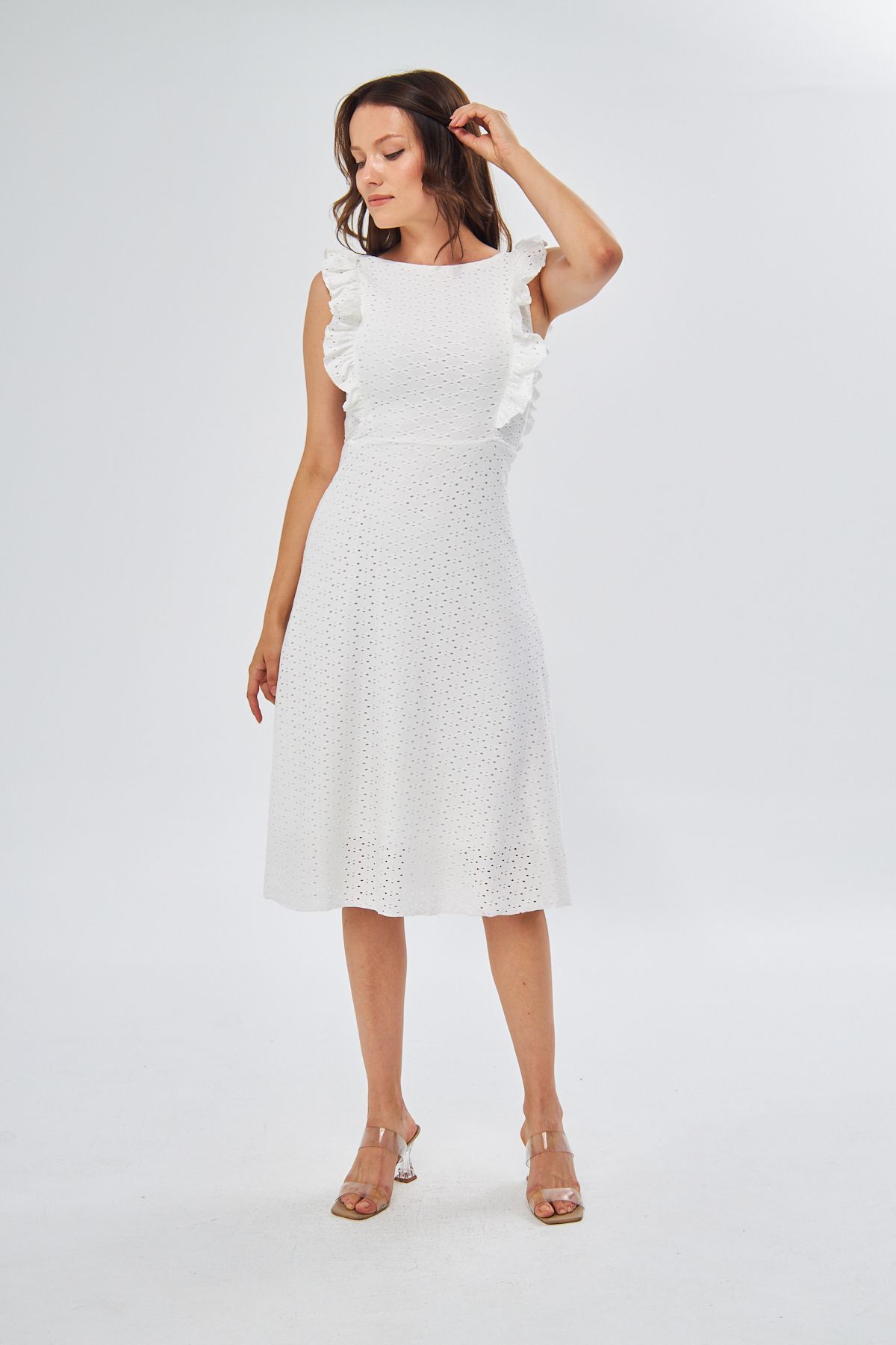 vuvutasarım Rochie De Seară Albă, Lungime Midi, Din Țesătură Elastică, Căptușită, Rochie De Întoarcere Cu Volan Femeie - L