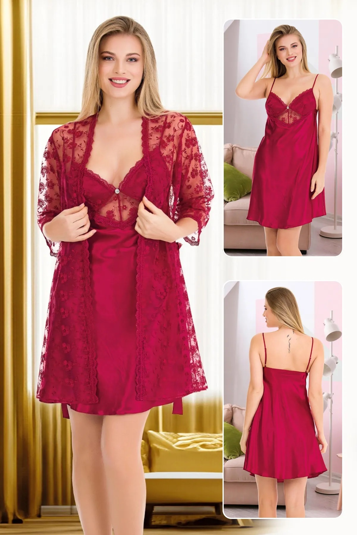 by İGP Kırmızı Dantel Sabahlıklı Brode Saten Gecelik Takım