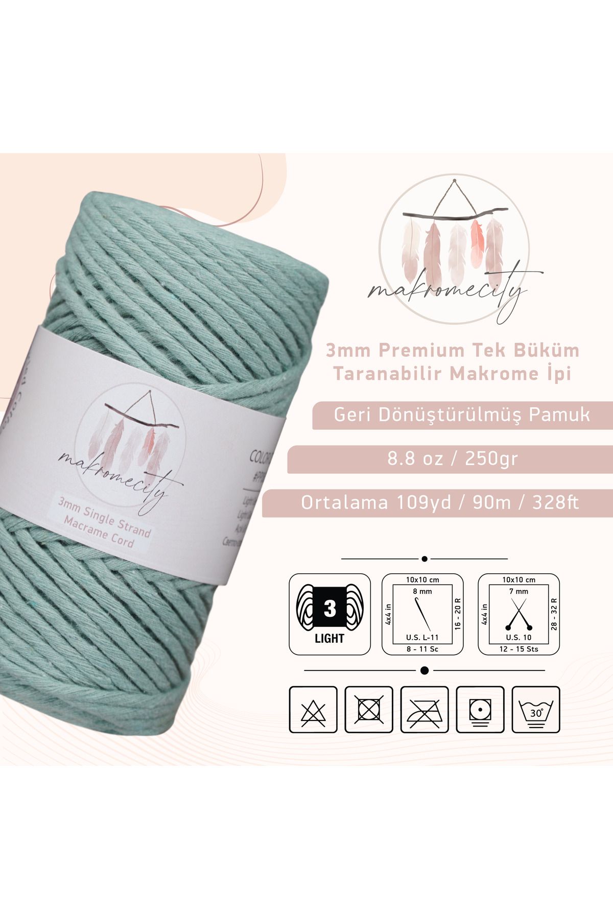 Makromecity-Scalloped Macrame Thread 3mm Scalloped Cotton Macrame Thread Macrame Thread Green 2