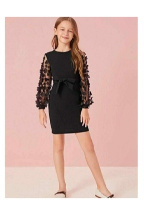 Melek Bebeğim Kolları 3 Boyutlu Ve Tüllü Siyah Abiye Kız Çocuk Elbise