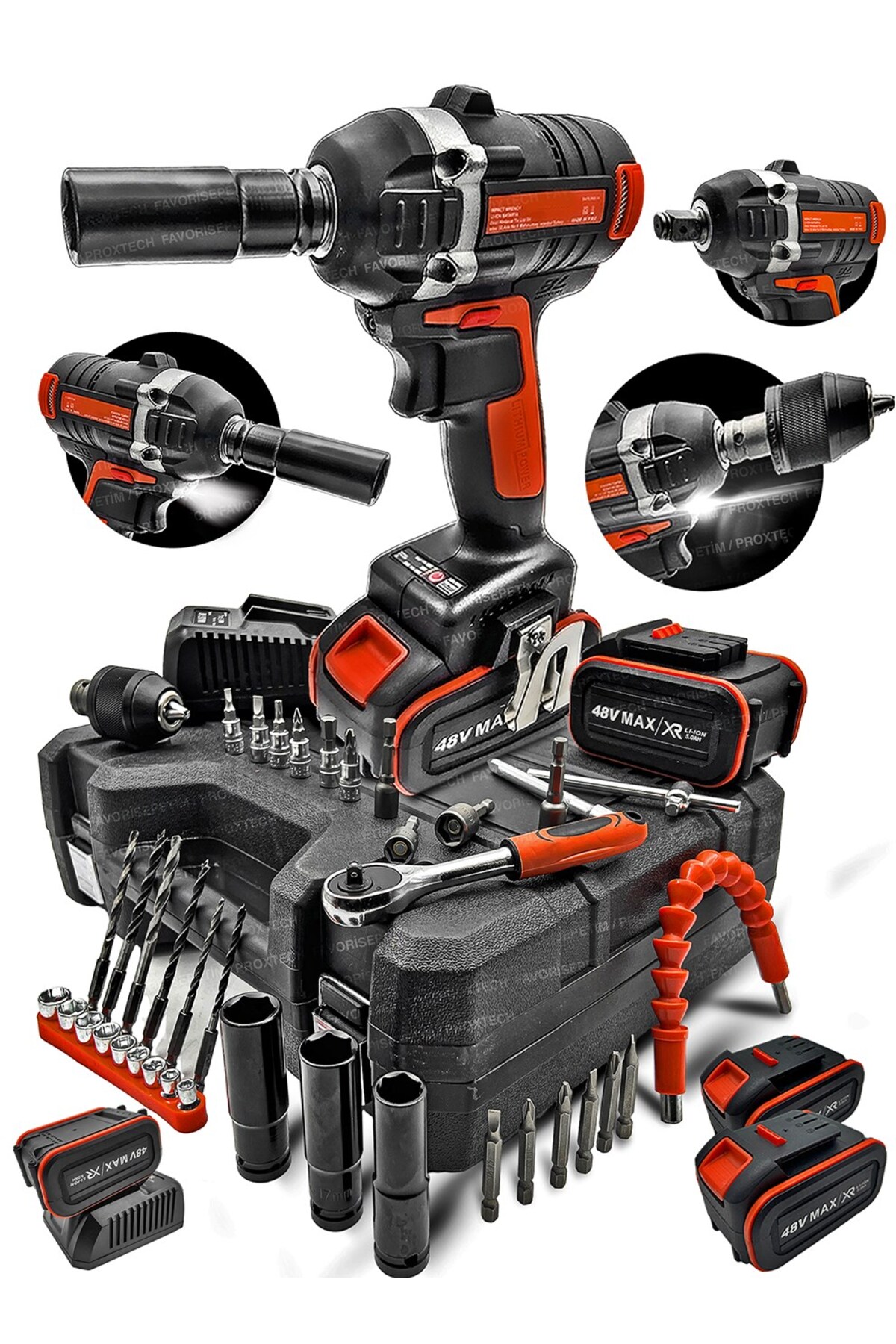 PROXTECH Yüksek Torks 2çift Akülü Kömürsüz Motor Akülü Vidalama+ Darbeli Somun Sıkma Sökme Combo Cırcır Set